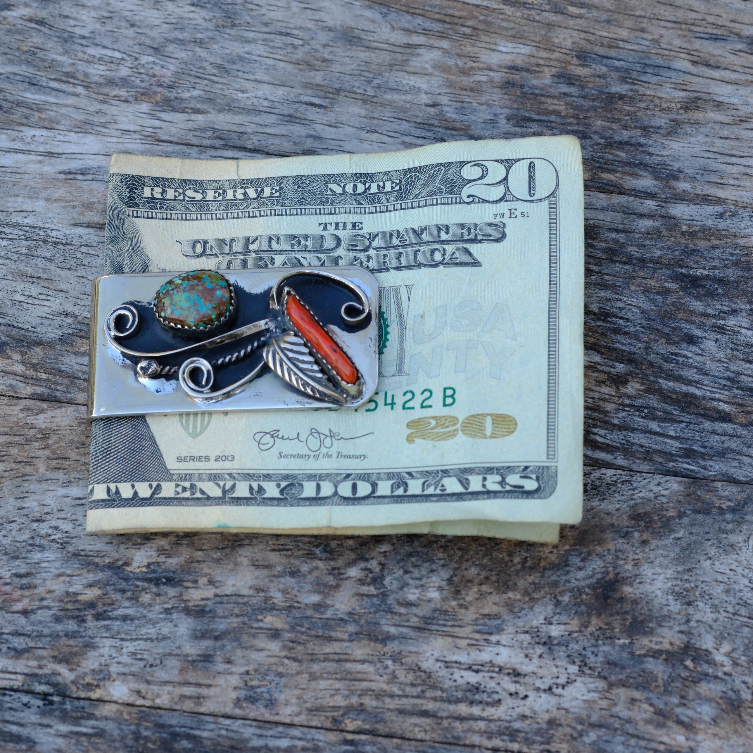 Vintage Turquoise and Coral Feather Money Clip
