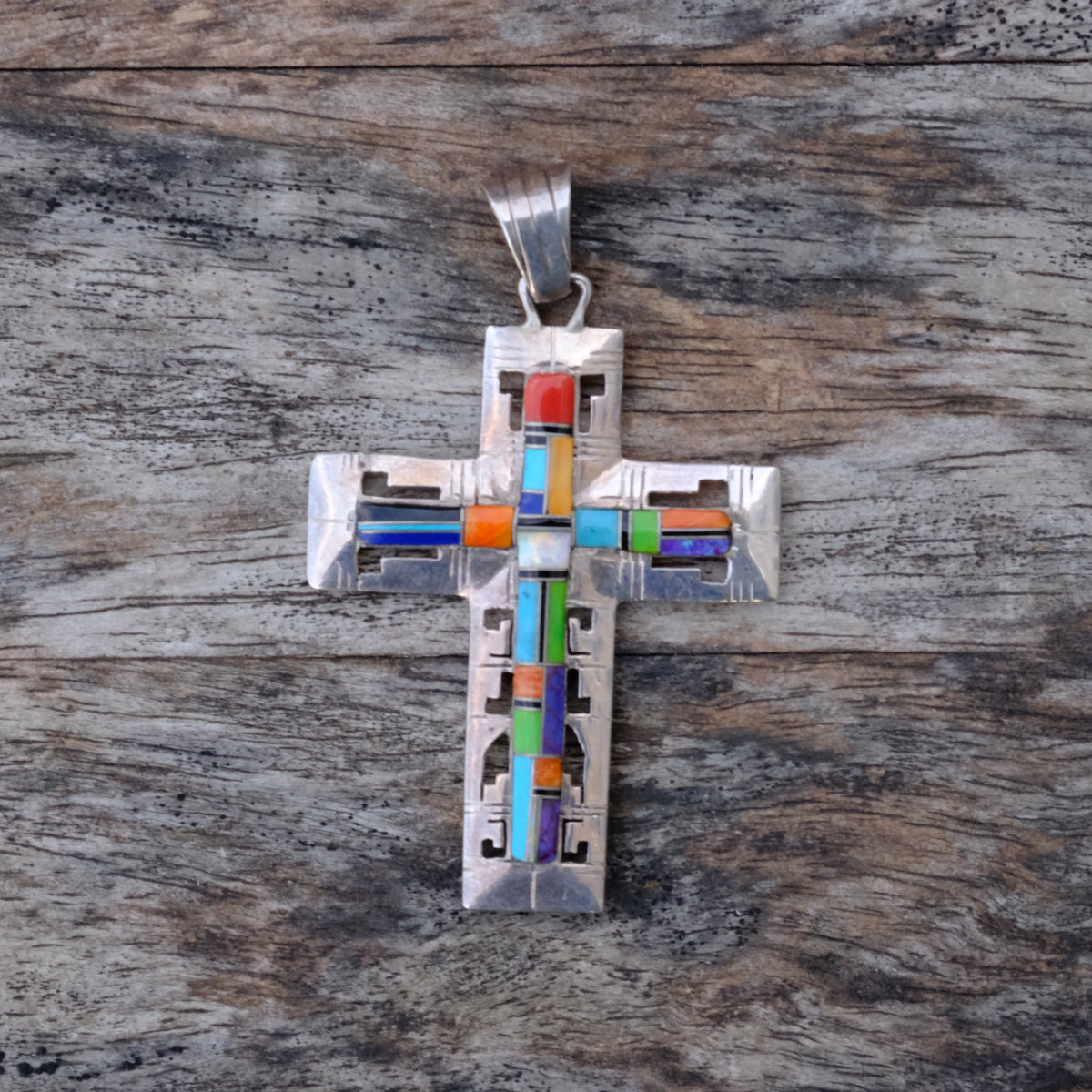 Vintage Sterling Multis Stone Double Sided Cross Pendant