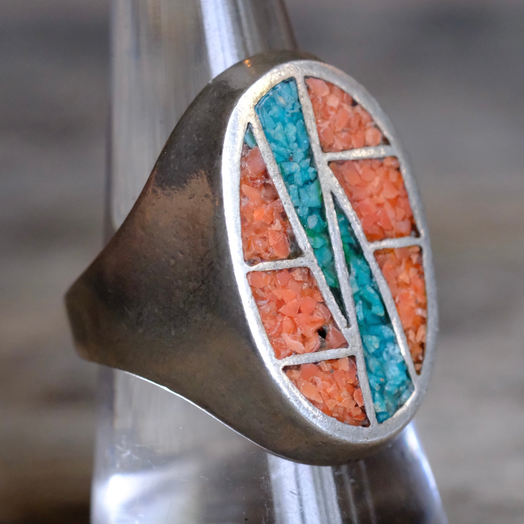 Vintage Sterling Turquoise and Coral Inlay Ring 8.25