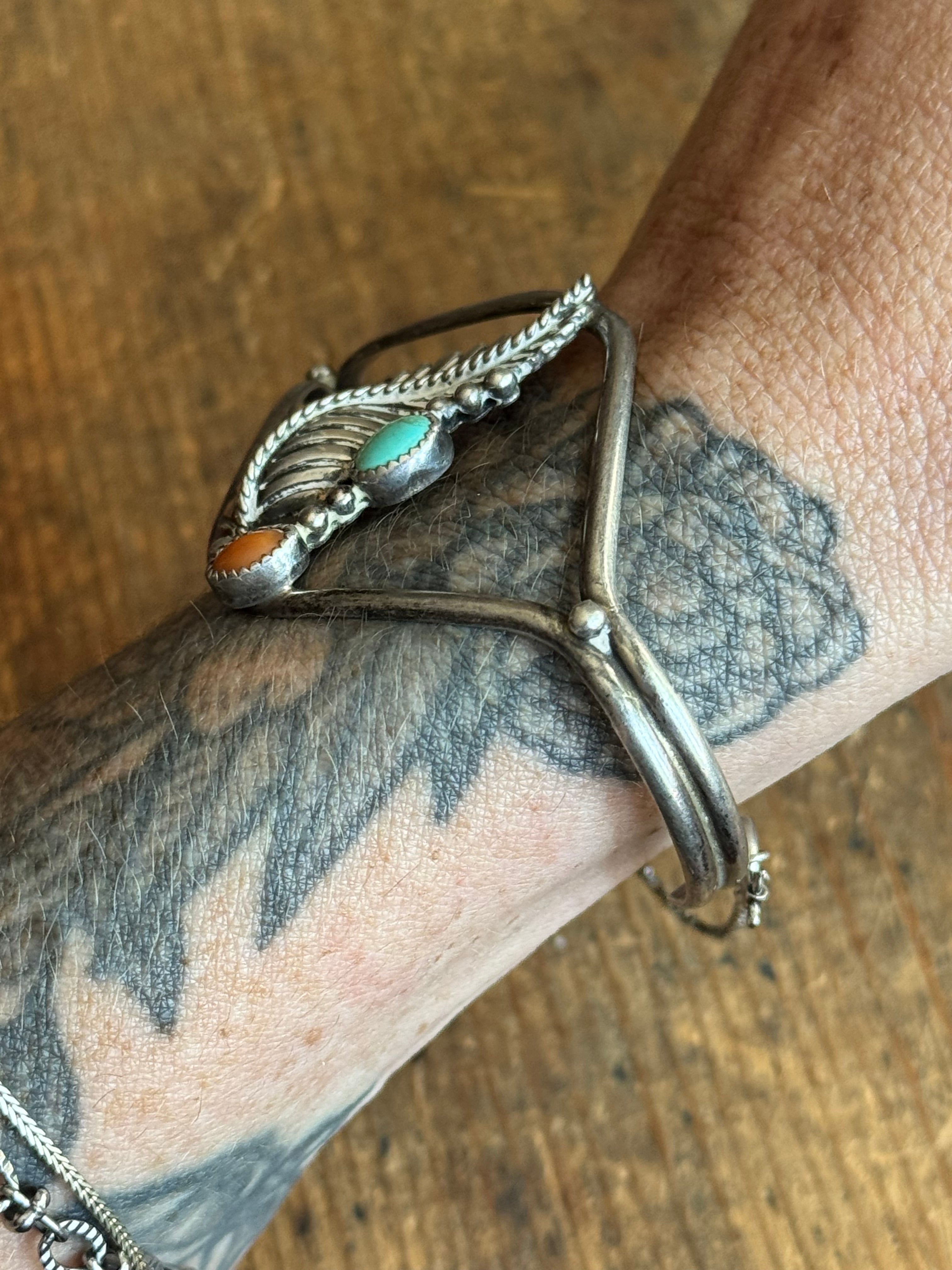 Vintage Sterling Silver Turquoise & Coral Leaf Cuff