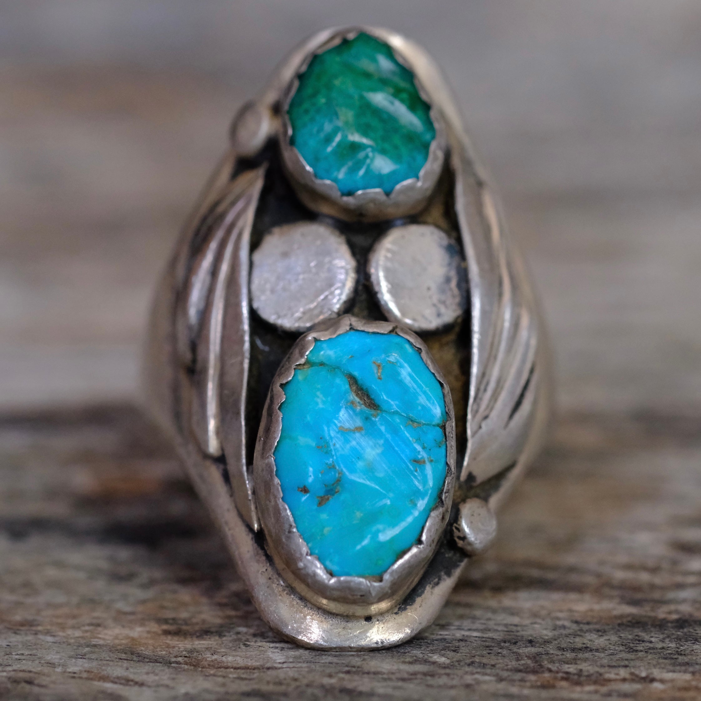Vintage Sterling 2-Stone Turquoise Ring 8.75