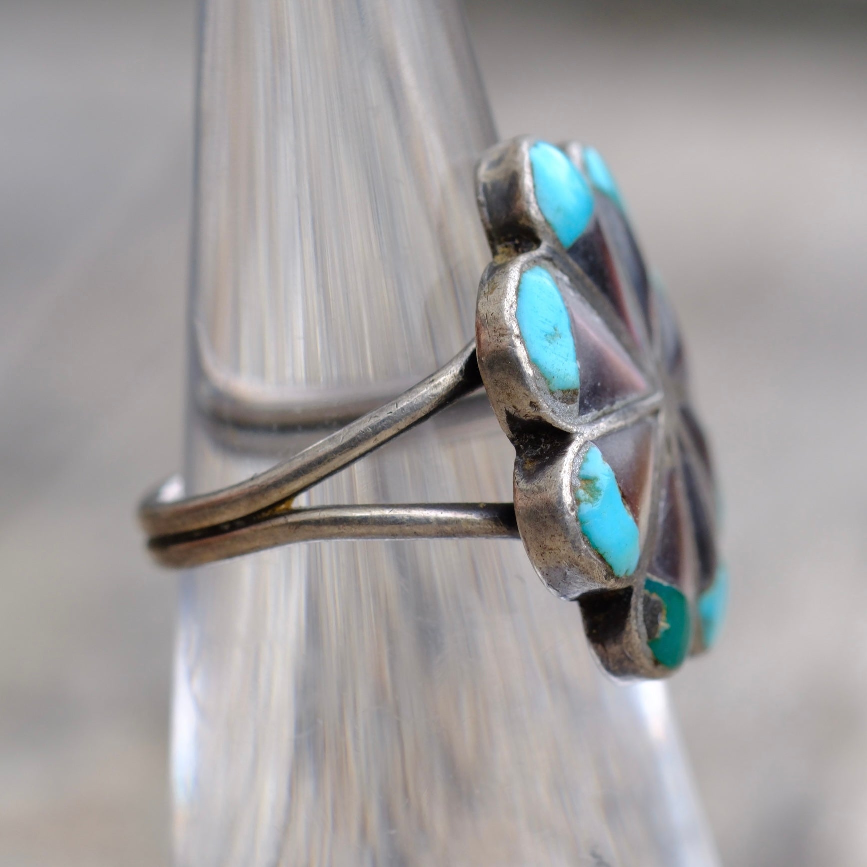 Vintage Sterling Abalone and Turquoise Flower Ring 5