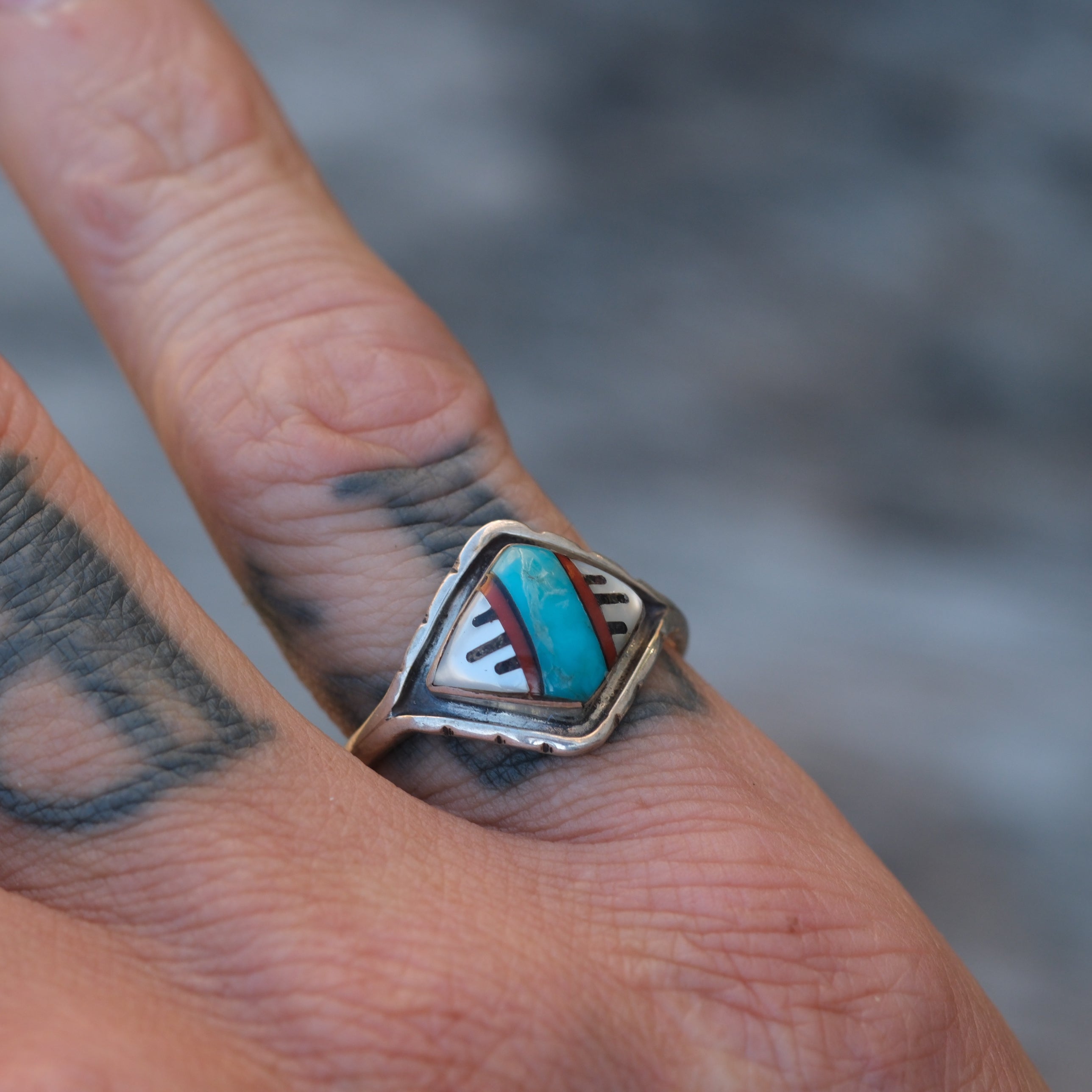 Vintage Sterling Zuni Inlay Ring 7.75