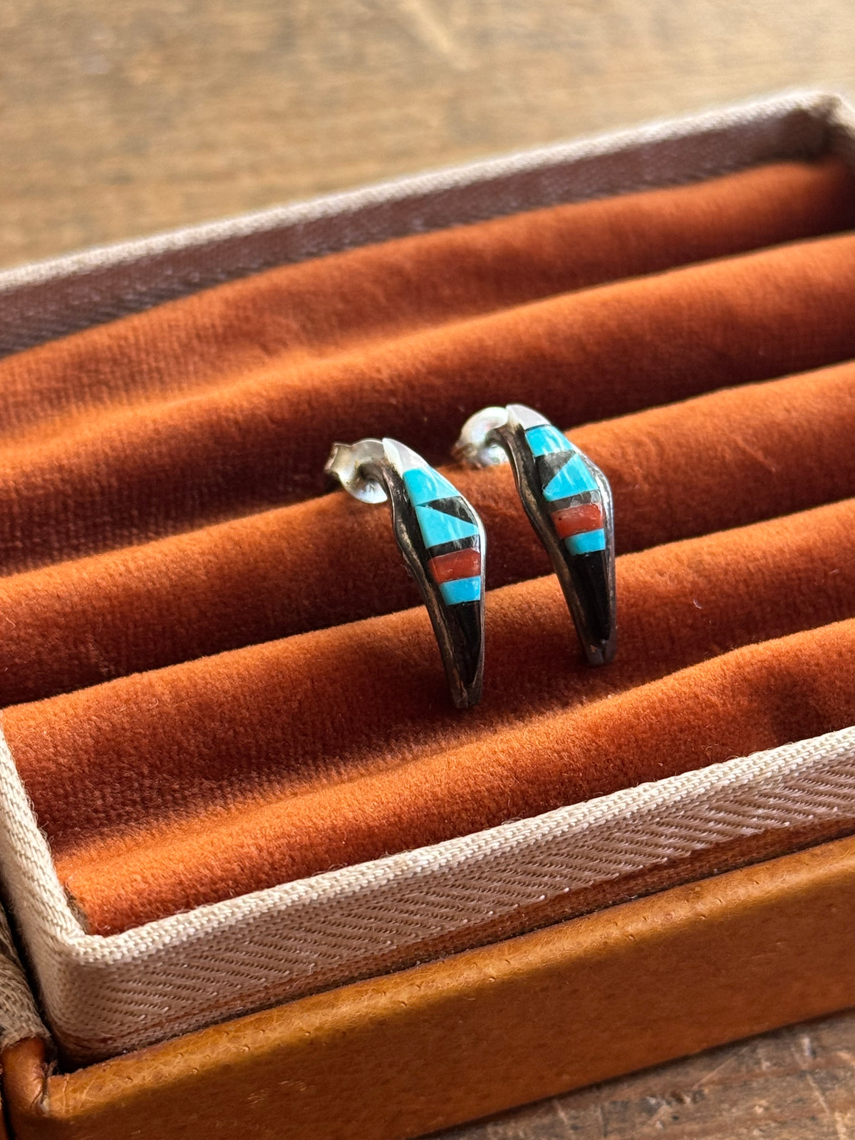 Vintage Sterling Silver Multistone Inlay Crescent Hoops