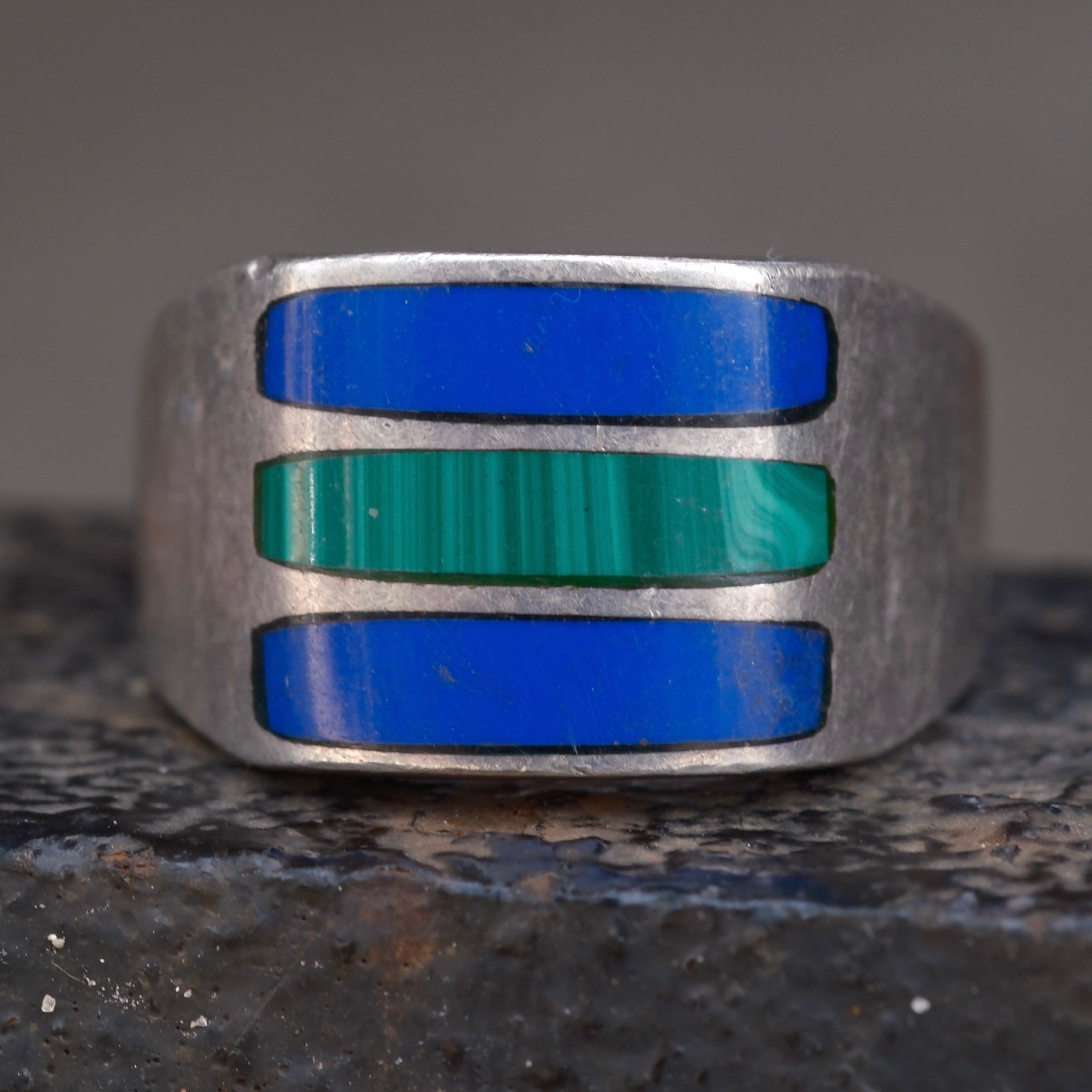 Vintage Sterling Multistone Inlay Striper Ring 12