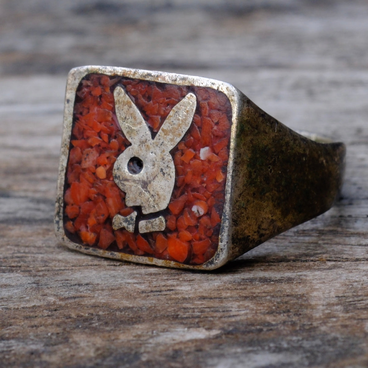 Vintage Sterling Coral Inlay Playboy Ring 10.5