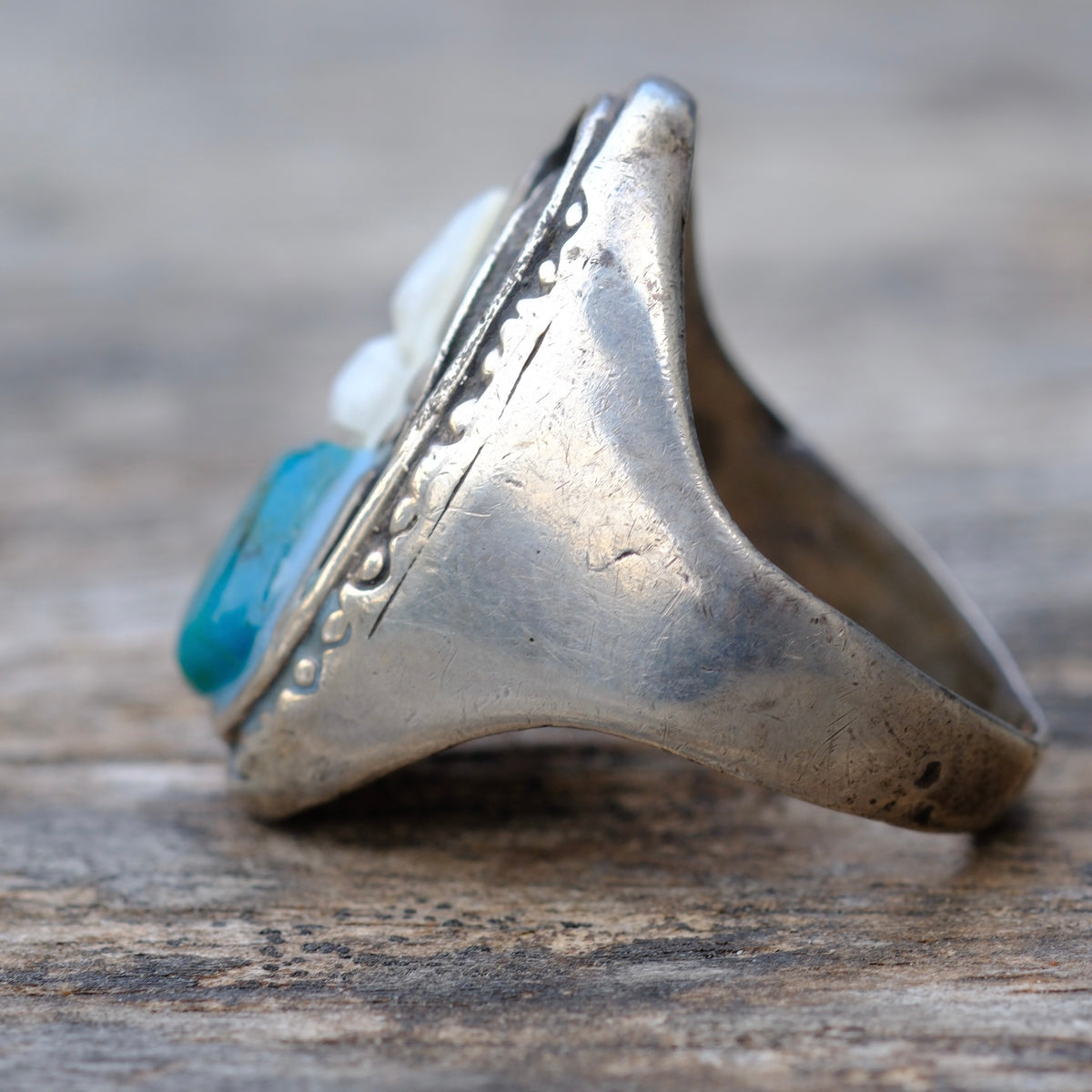 Vintage Sterling Turquoise and Mother Of Pearl Feather Ring 10