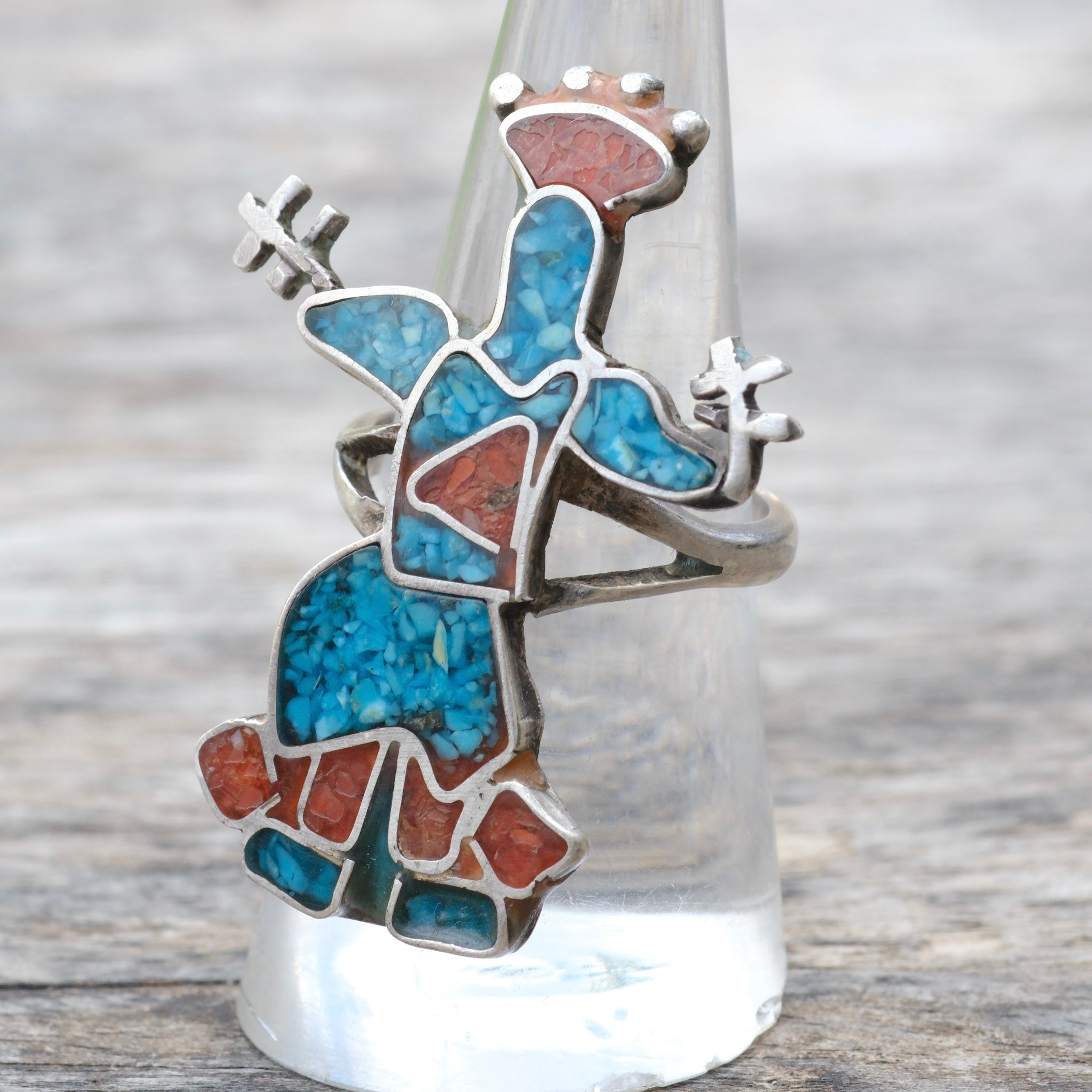 Vintage Sterling Turquoise and Coral Inlay Dancer Ring 7.25