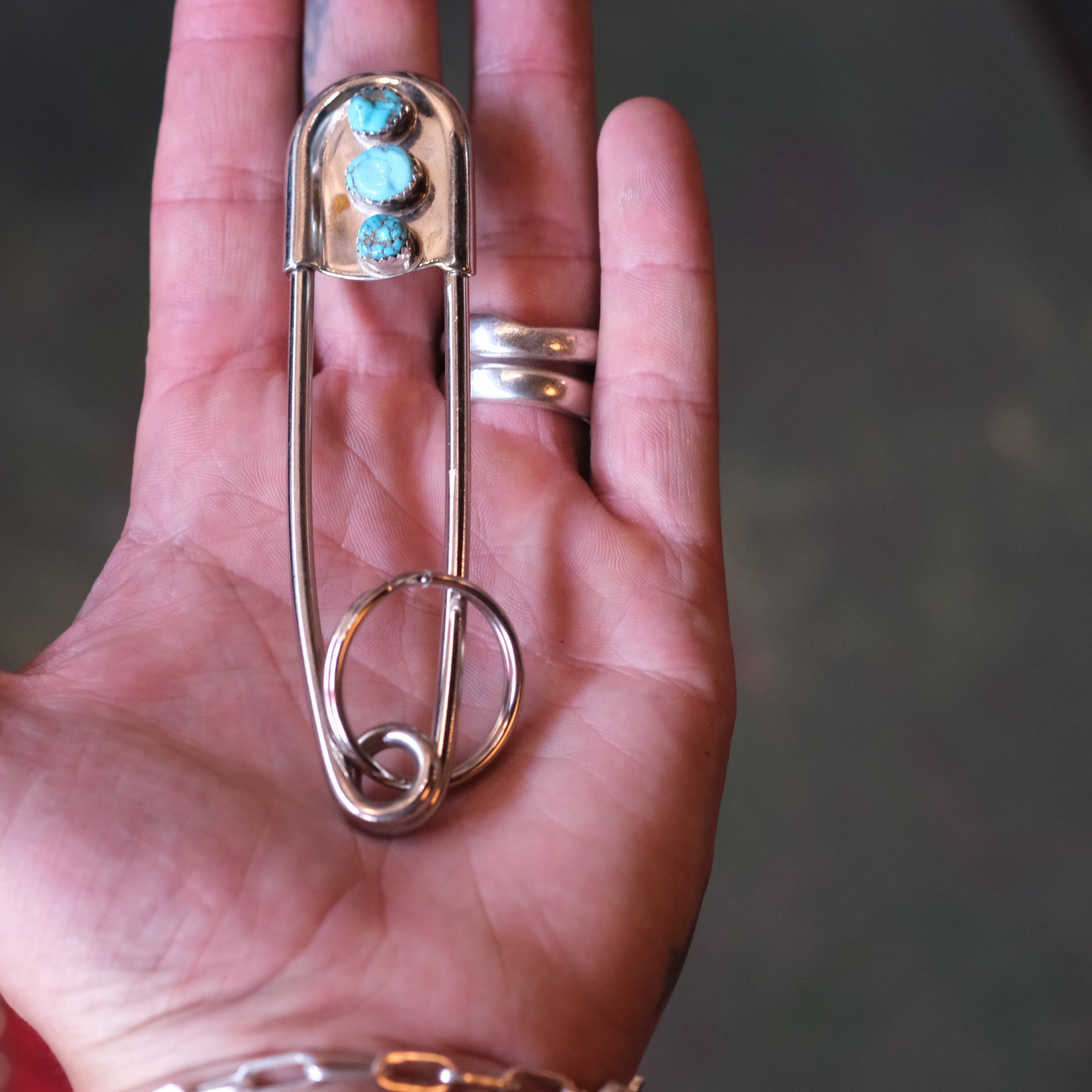 Vintage 3-Stone Turquoise Safety Pin Keychain 4"