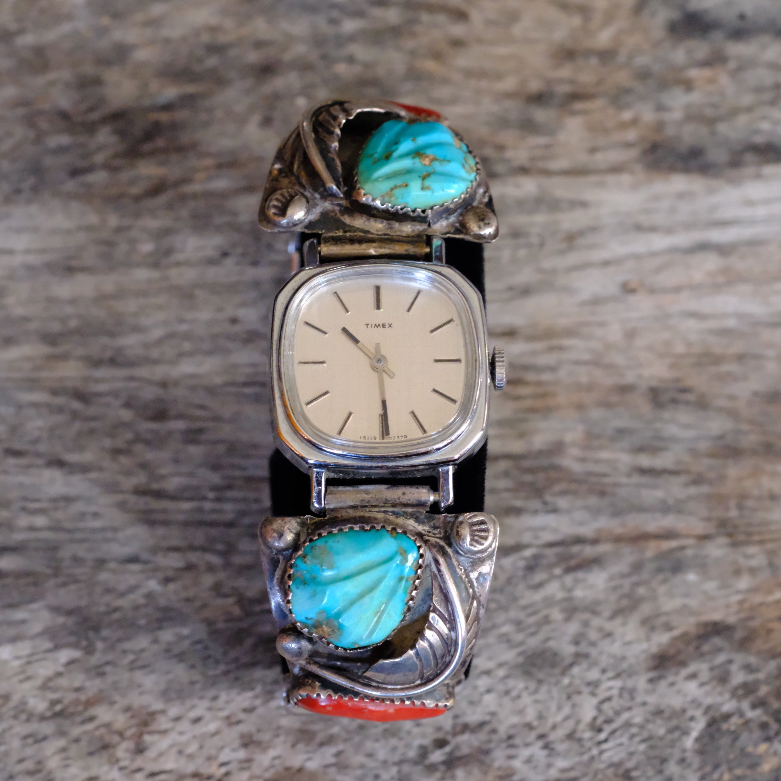 Vintage Sterling Faceted Turquoise and Coral Feather Watch