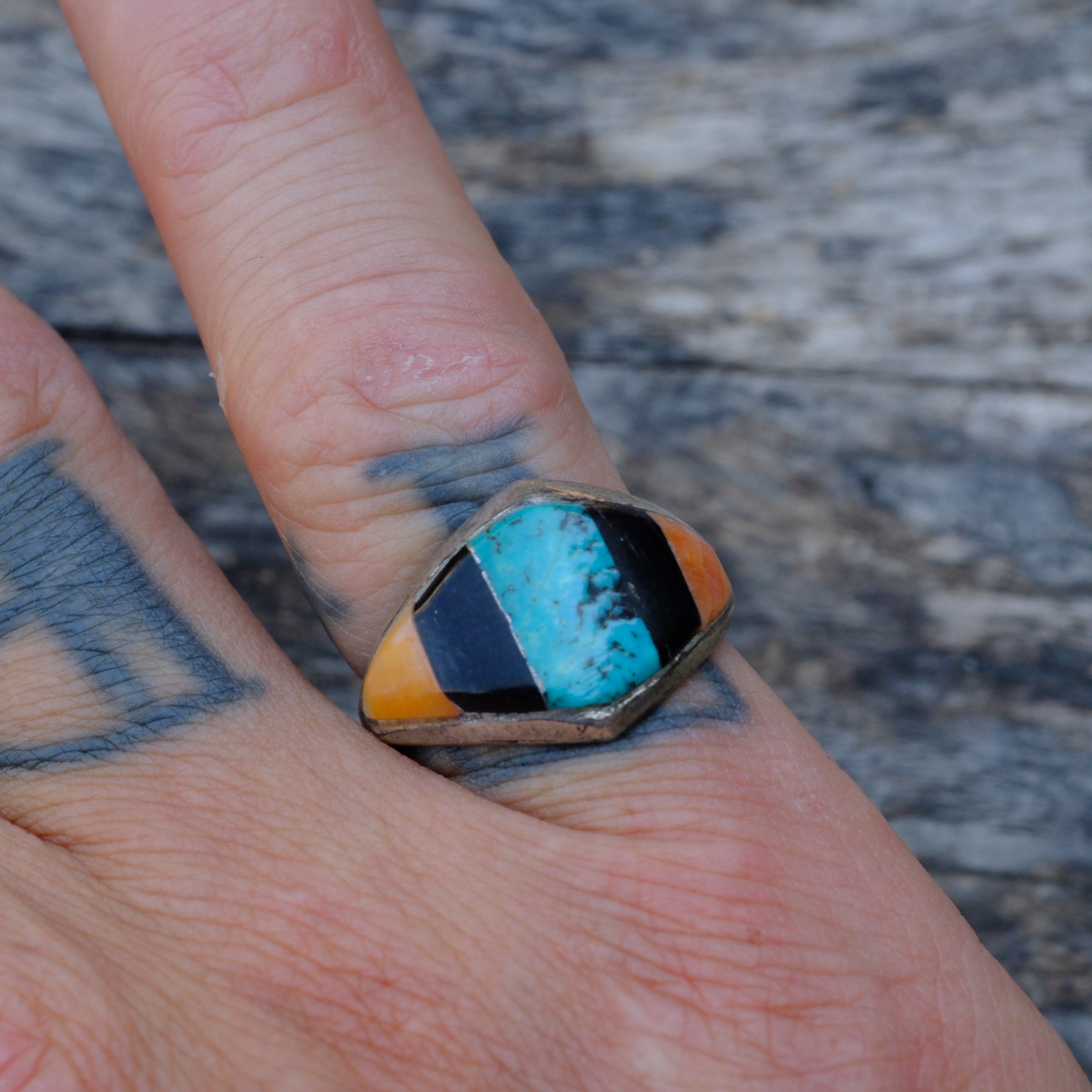 Vintage Sterling Multistone Inlay Ring 7.25