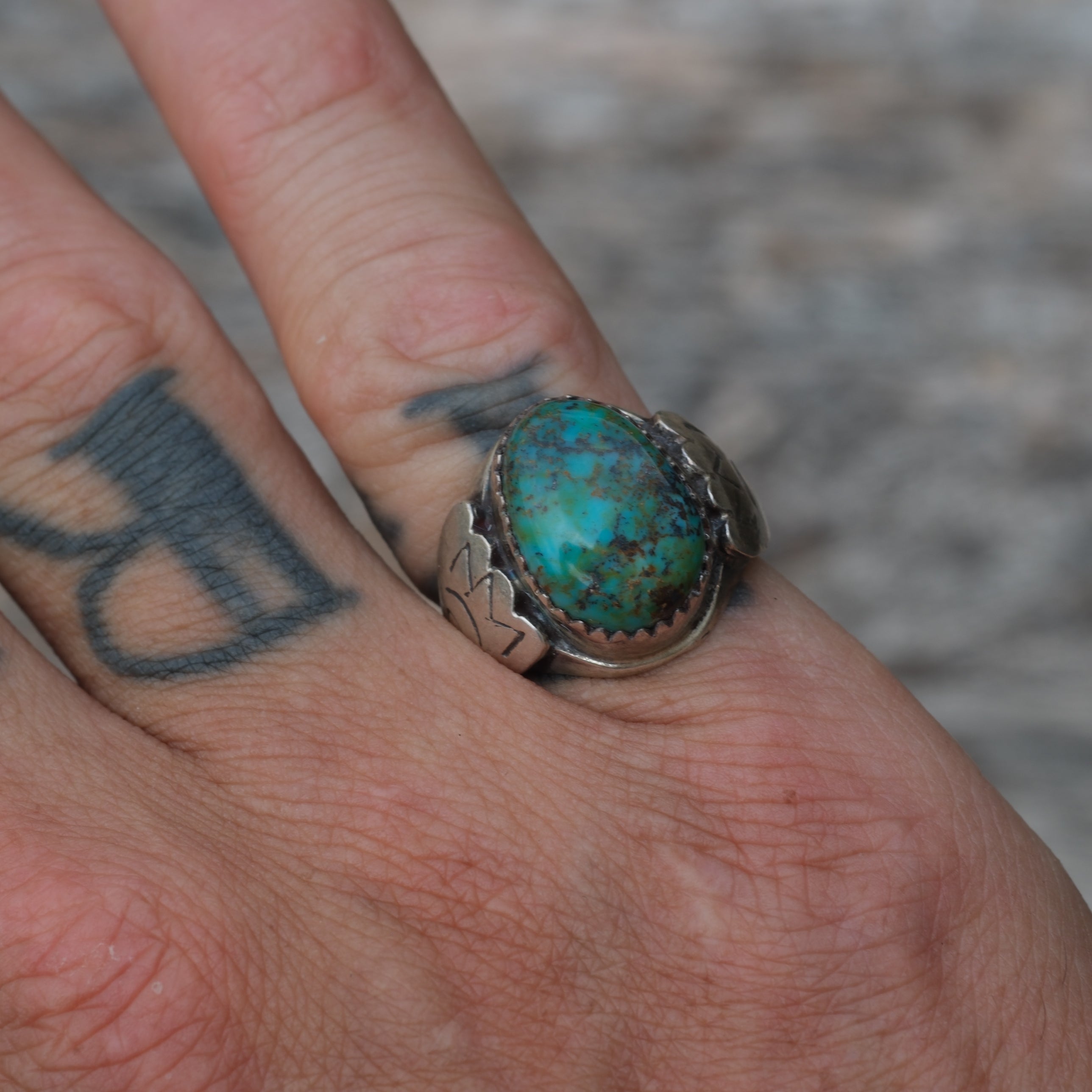 Vintage Sterling Turquoise Stamped Band Ring 7