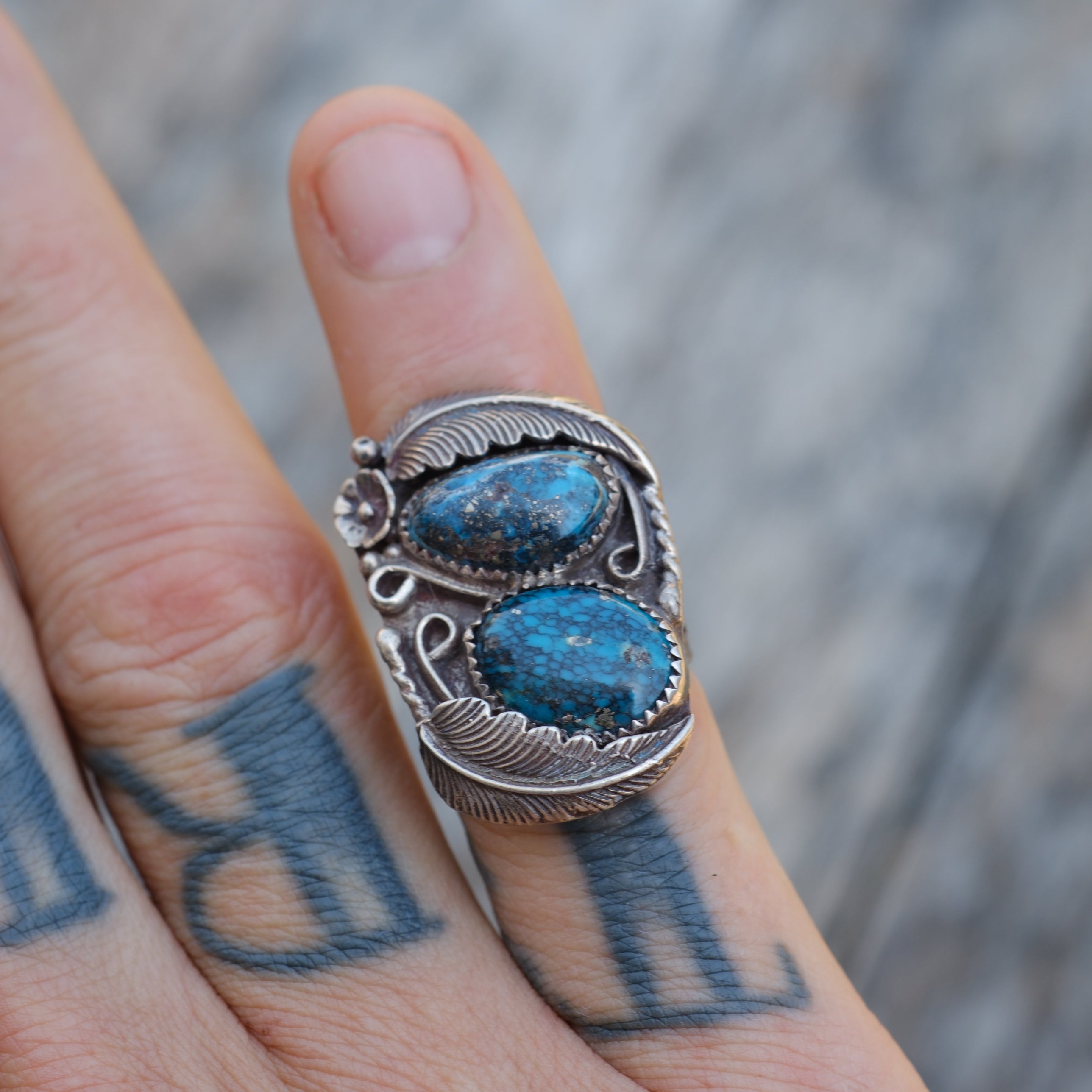 Vintage Sterling 2-Stone Matrix Turquoise Feather Ring 5.25