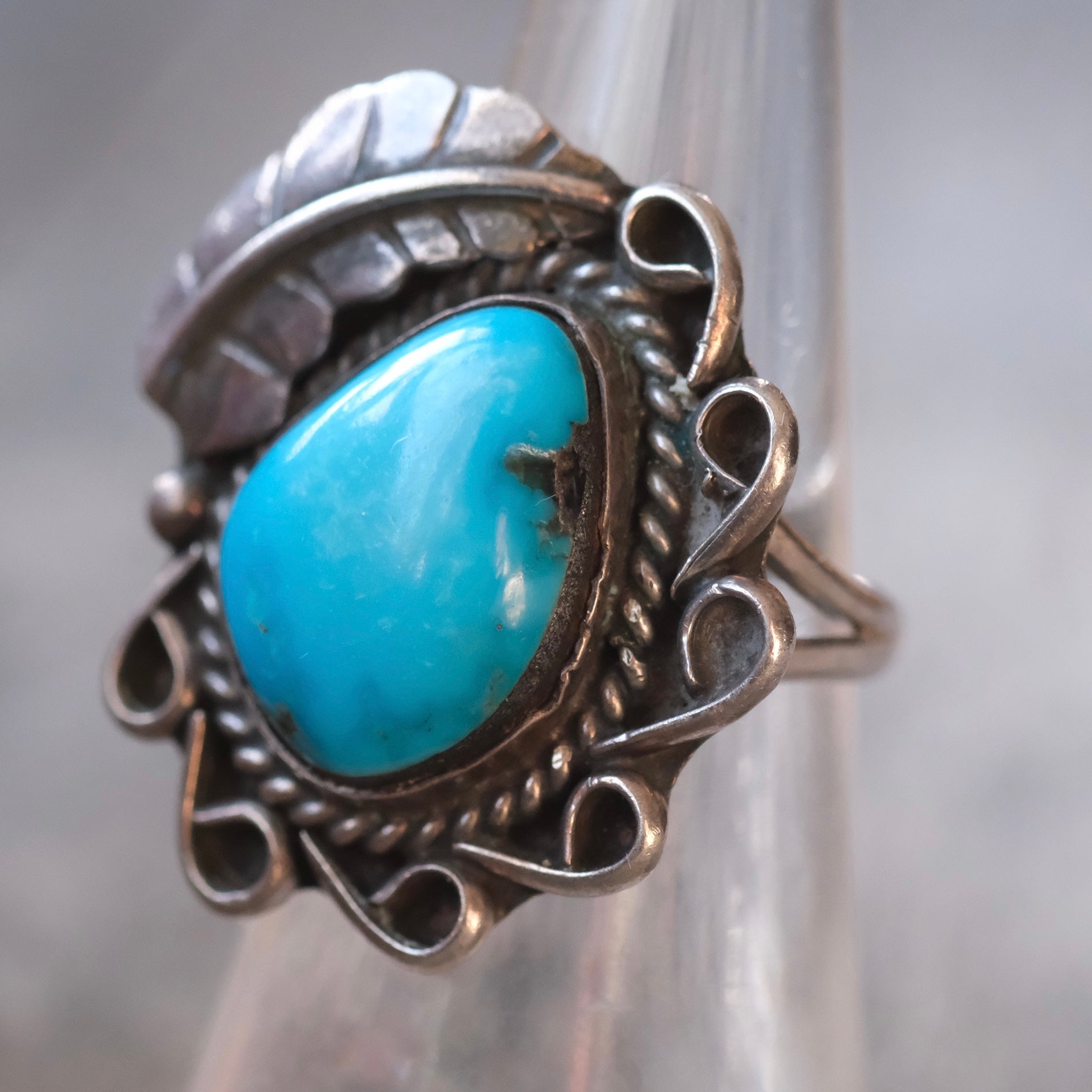 Vintage Sterling Turquoise Feather Ring 6