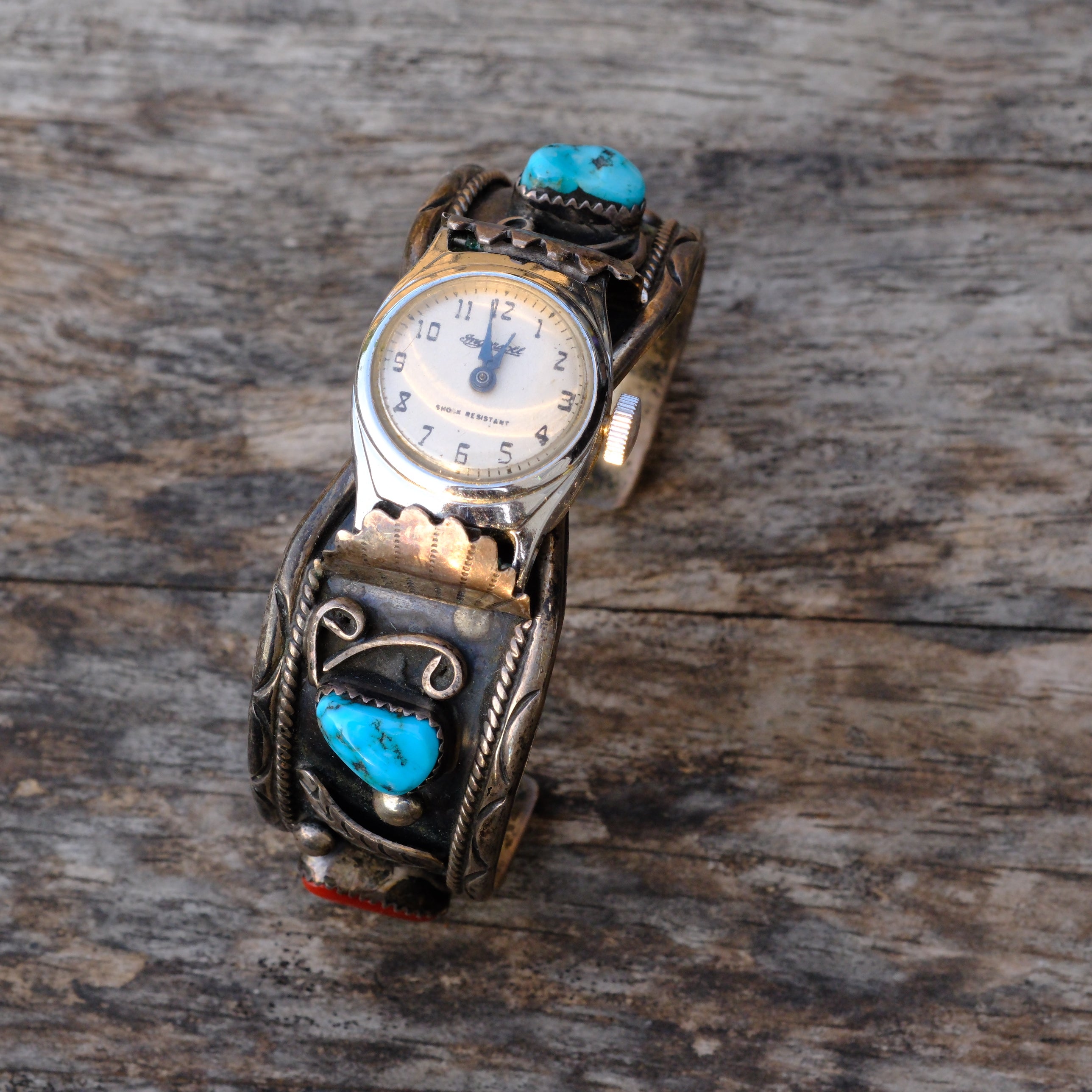 Vintage Sterling Turquoise and Coral Cuff Watch Cuff Bracelet