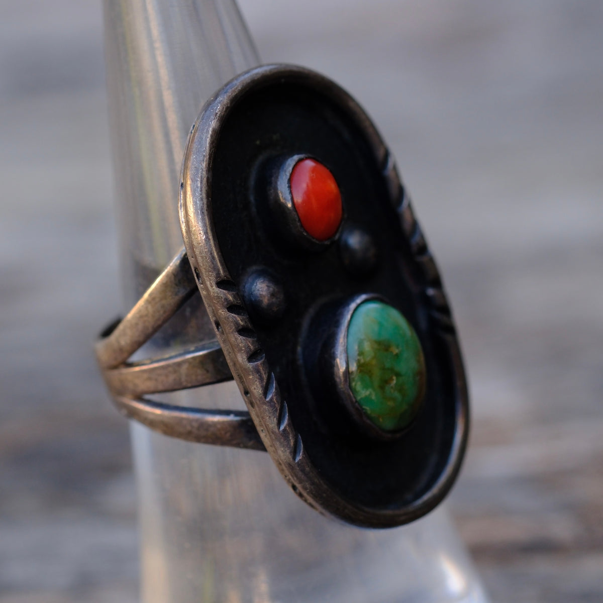 Vintage Sterling Turquoise and Coral Ring 6.25