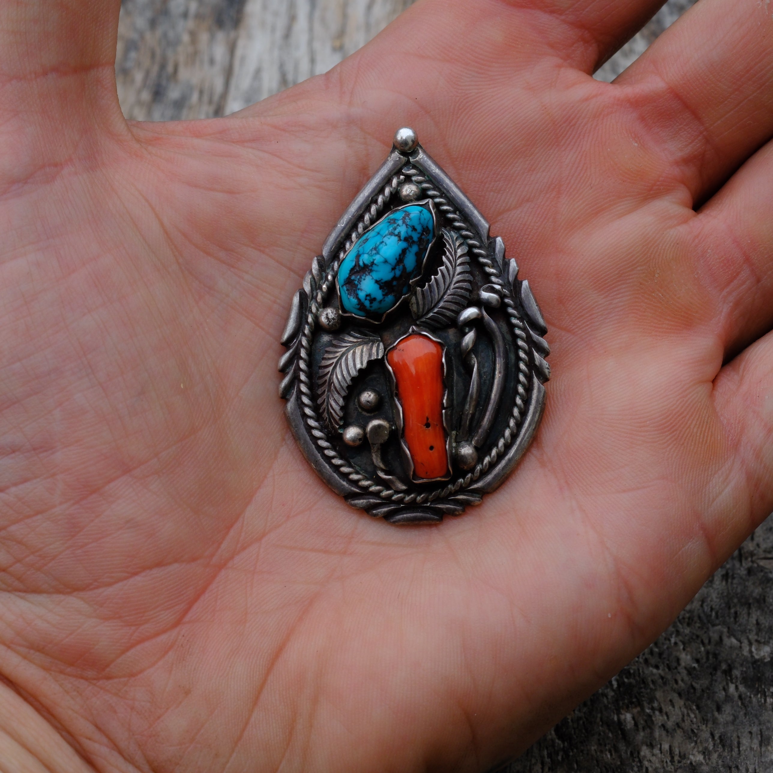 Huge Vintage Sterling Turquoise and Coral Feather Pendant