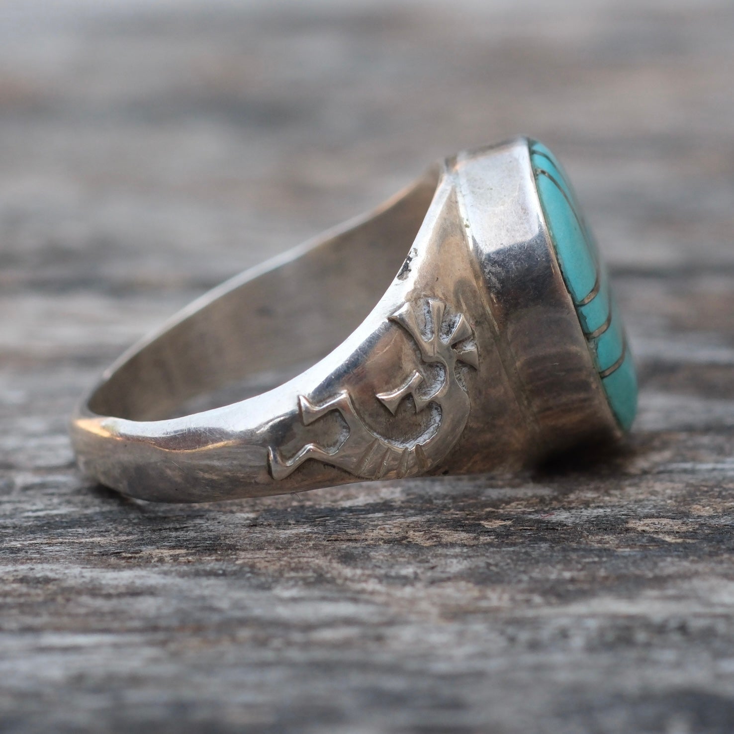 Vintage Sterling Turquoise Inlay Kokopelli Ring 8.75