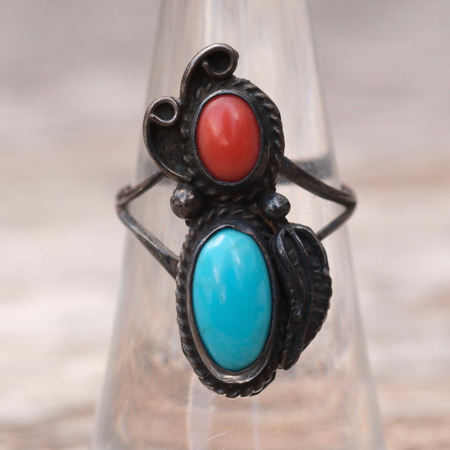 Vintage Sterling Turquoise and Coral Feather Ring 6.5