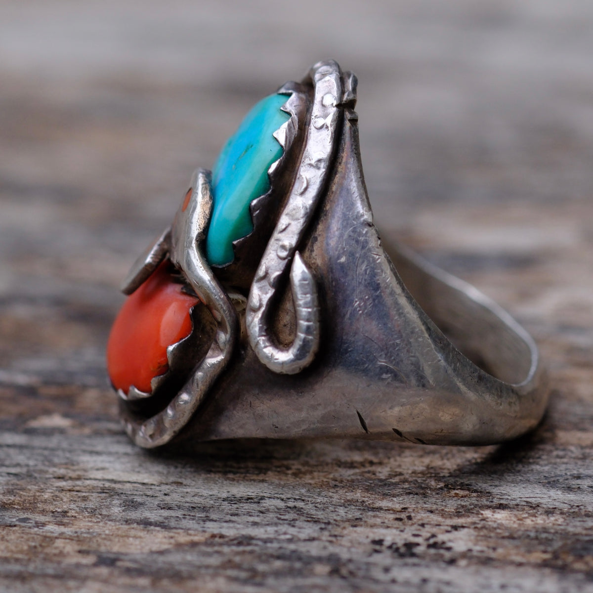 Vintage Effie C Sterling Turquoise and Coral Snake Ring 10