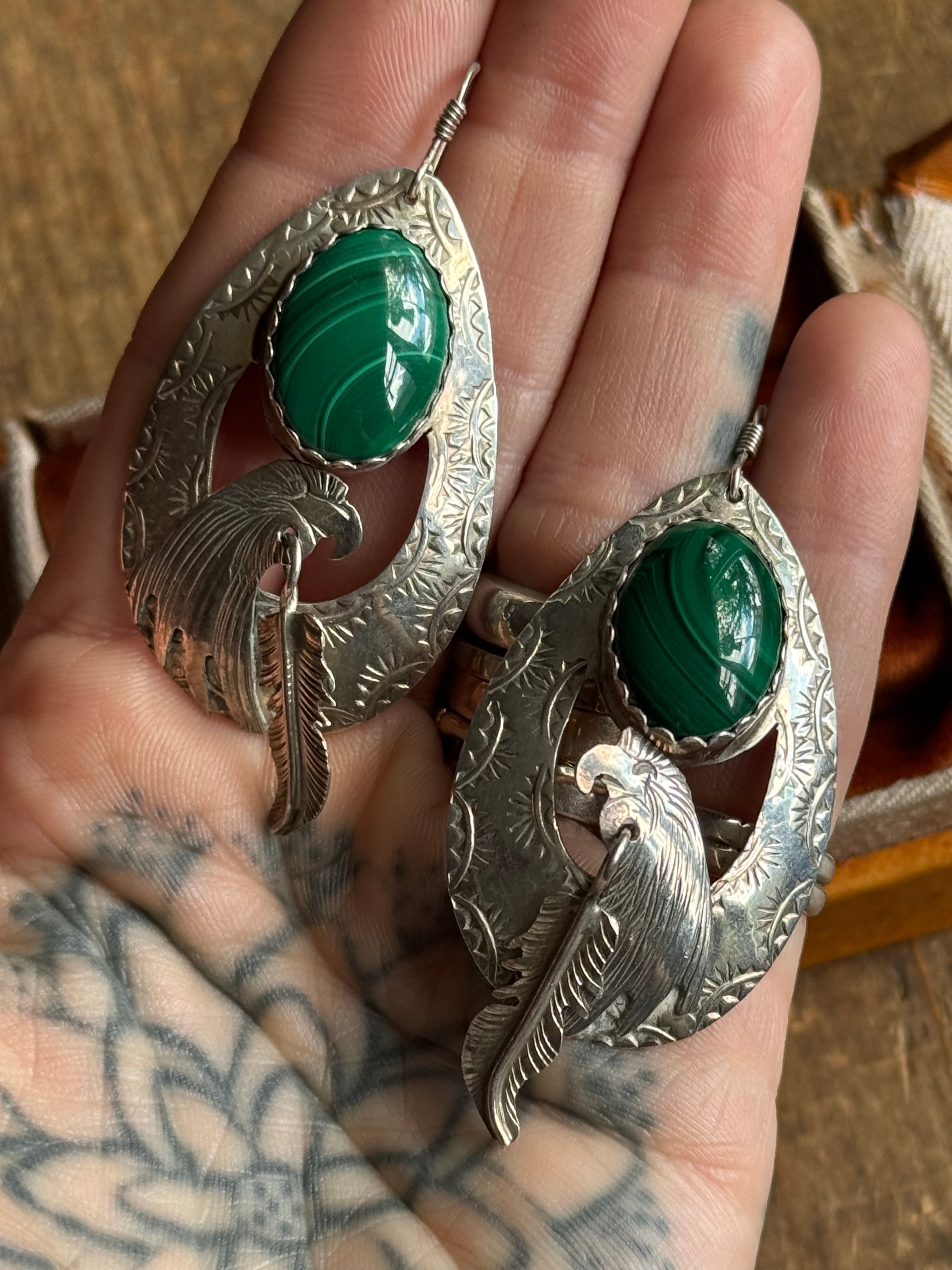 Vintage Sterling Silver Malachite Eagle Feather Earrings