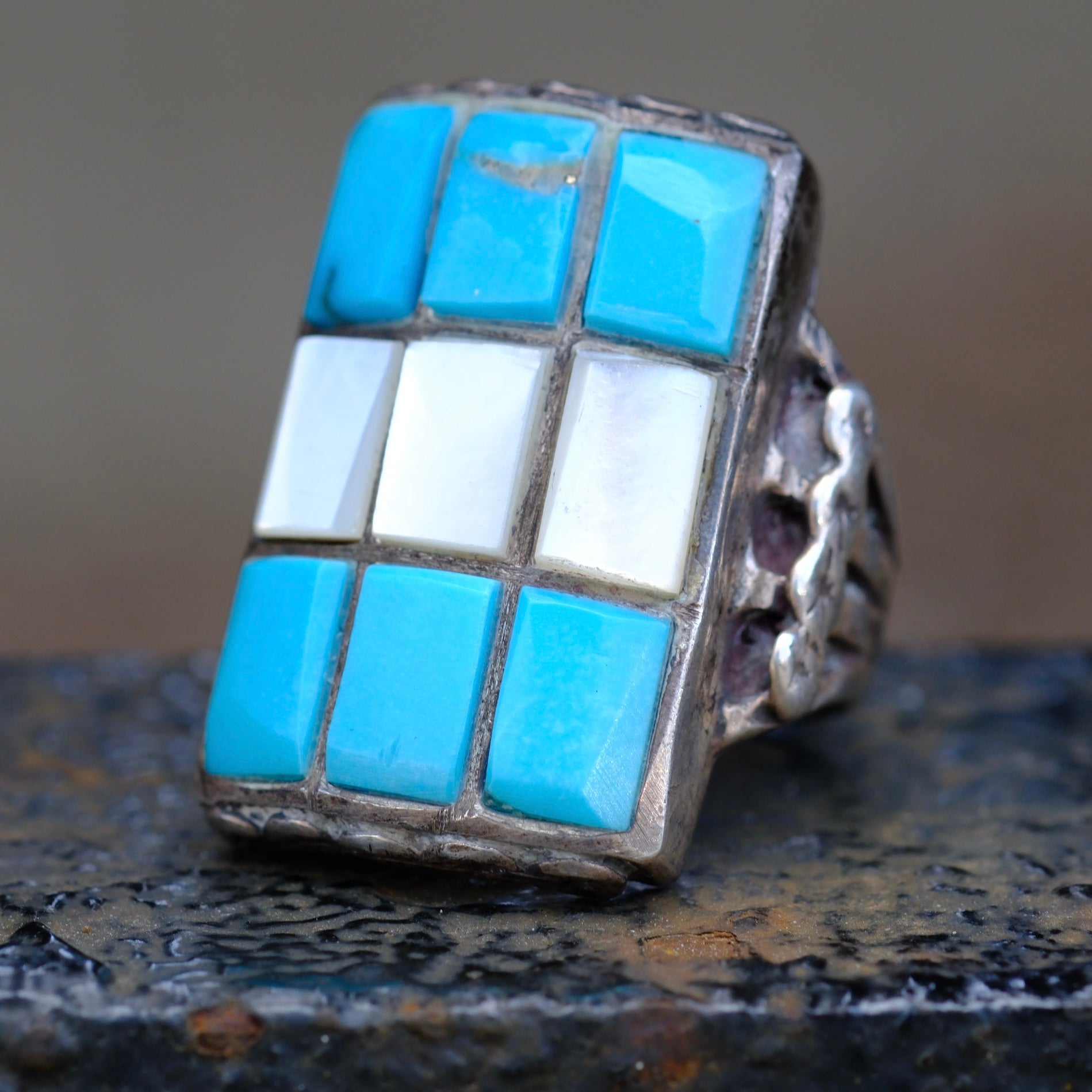 Vintage Sterling Turquoise and Mother Of Pearl Inlay Ring 5.5