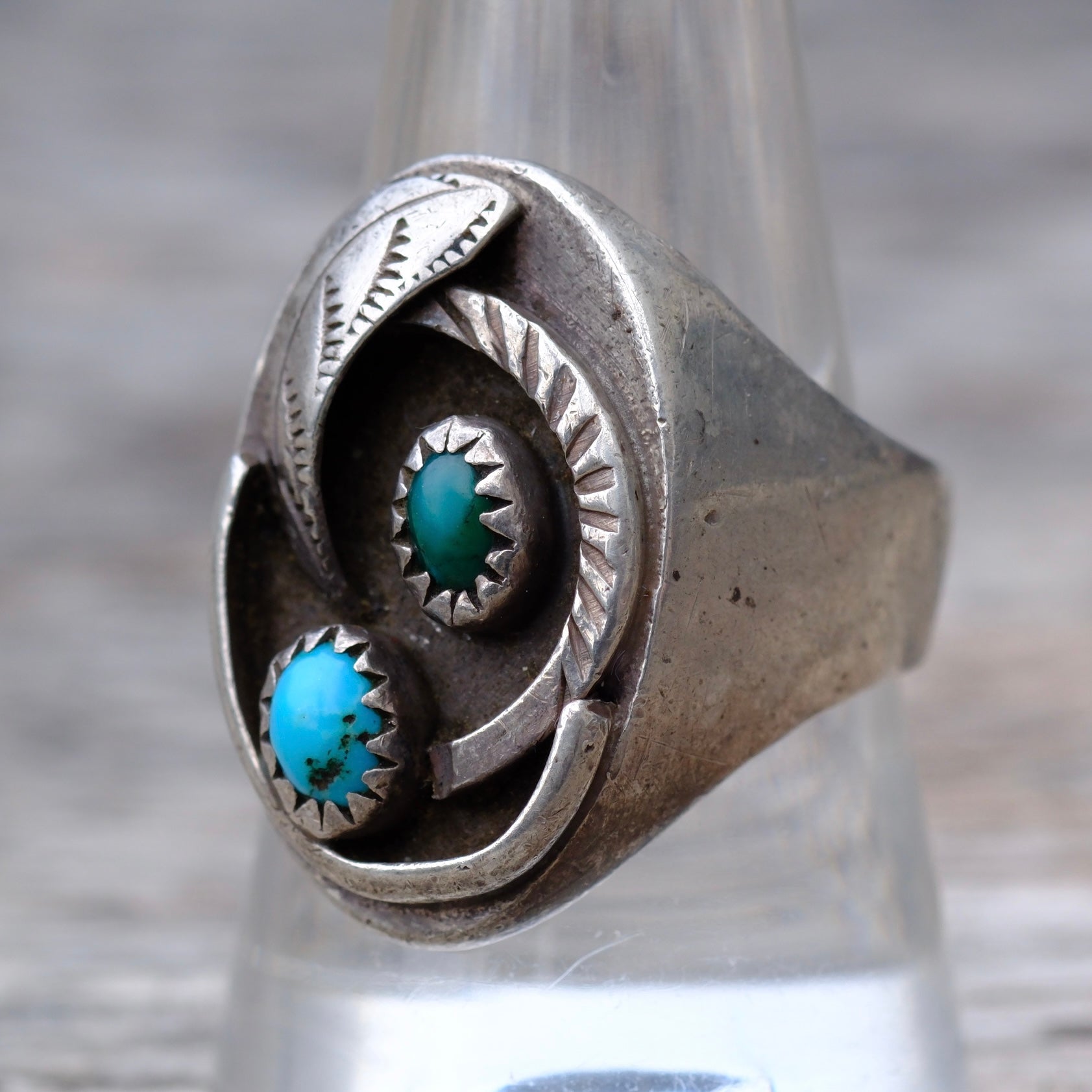 Vintage Sterling 2-Stone Turquoise Feather Ring 9.75