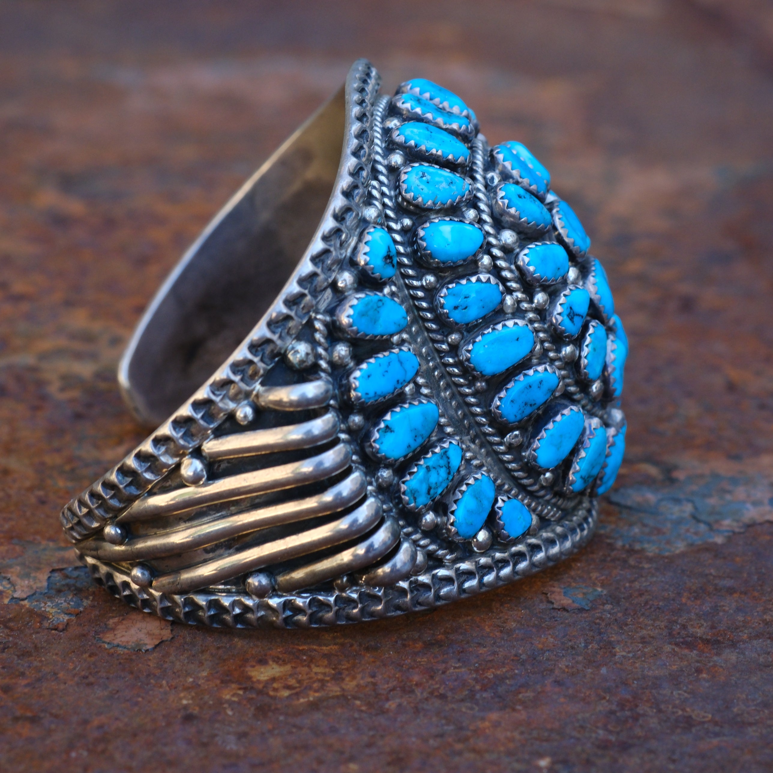 Huge Vintage Sterling Turquoise Inlay Cluster Cuff