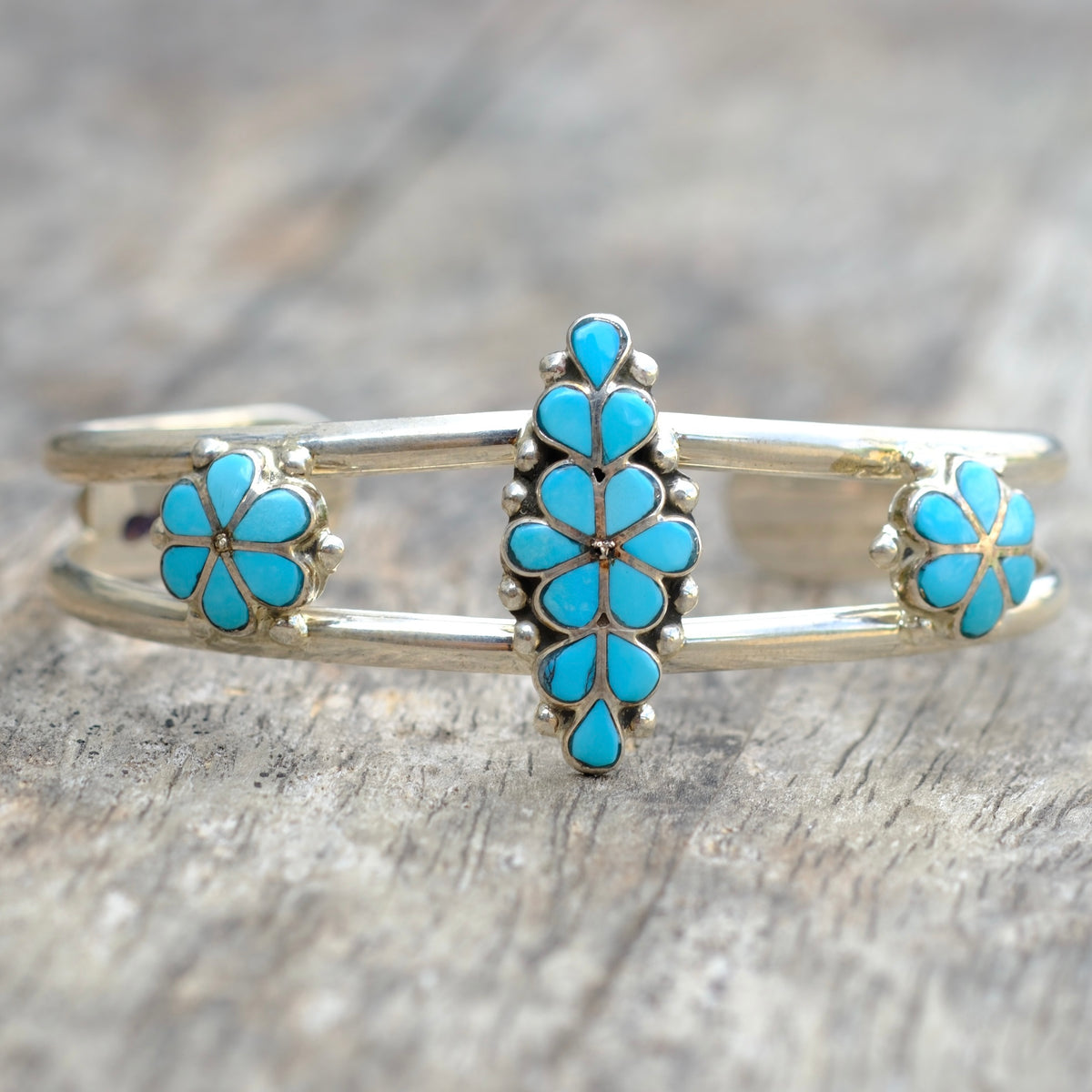 Vintage Sterling Turquoise Inlay Flower Cuff Bracelet