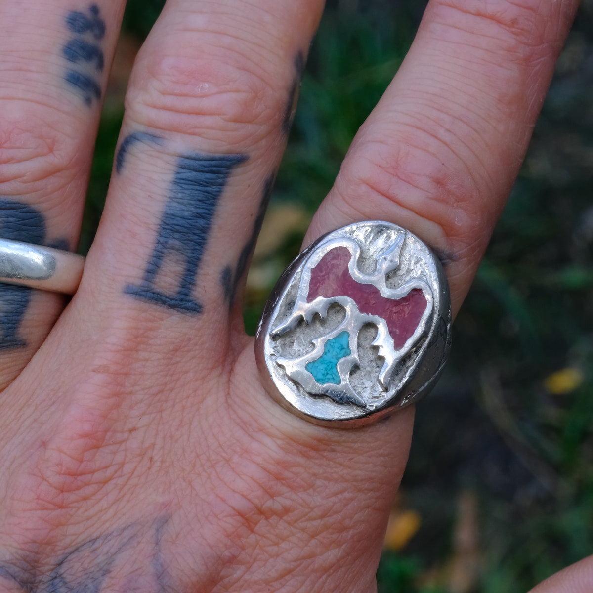 Vintage Sterling Turquoise and Coral Bird Ring 9.25