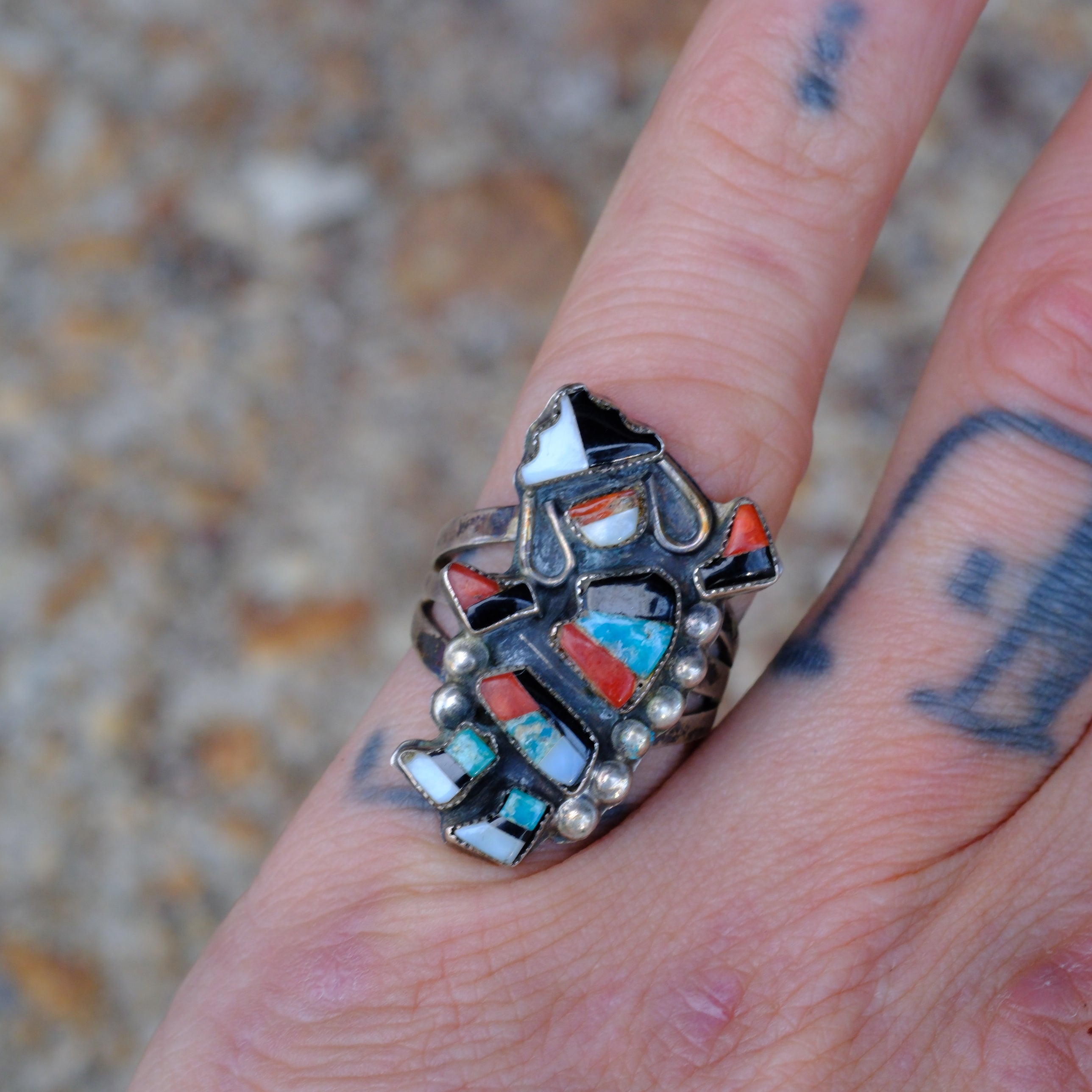 Vintage Sterling Multistone Inlay Kachina Dancer Ring 6.25