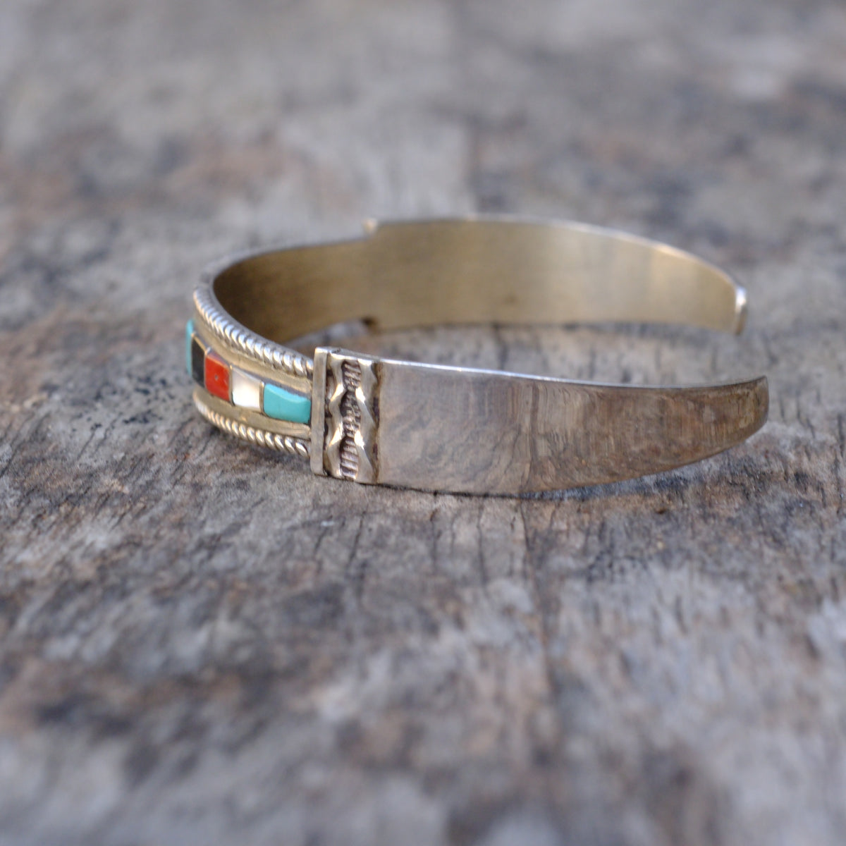 Vintage Sterling Multistone Inlay Cuff Bracelet