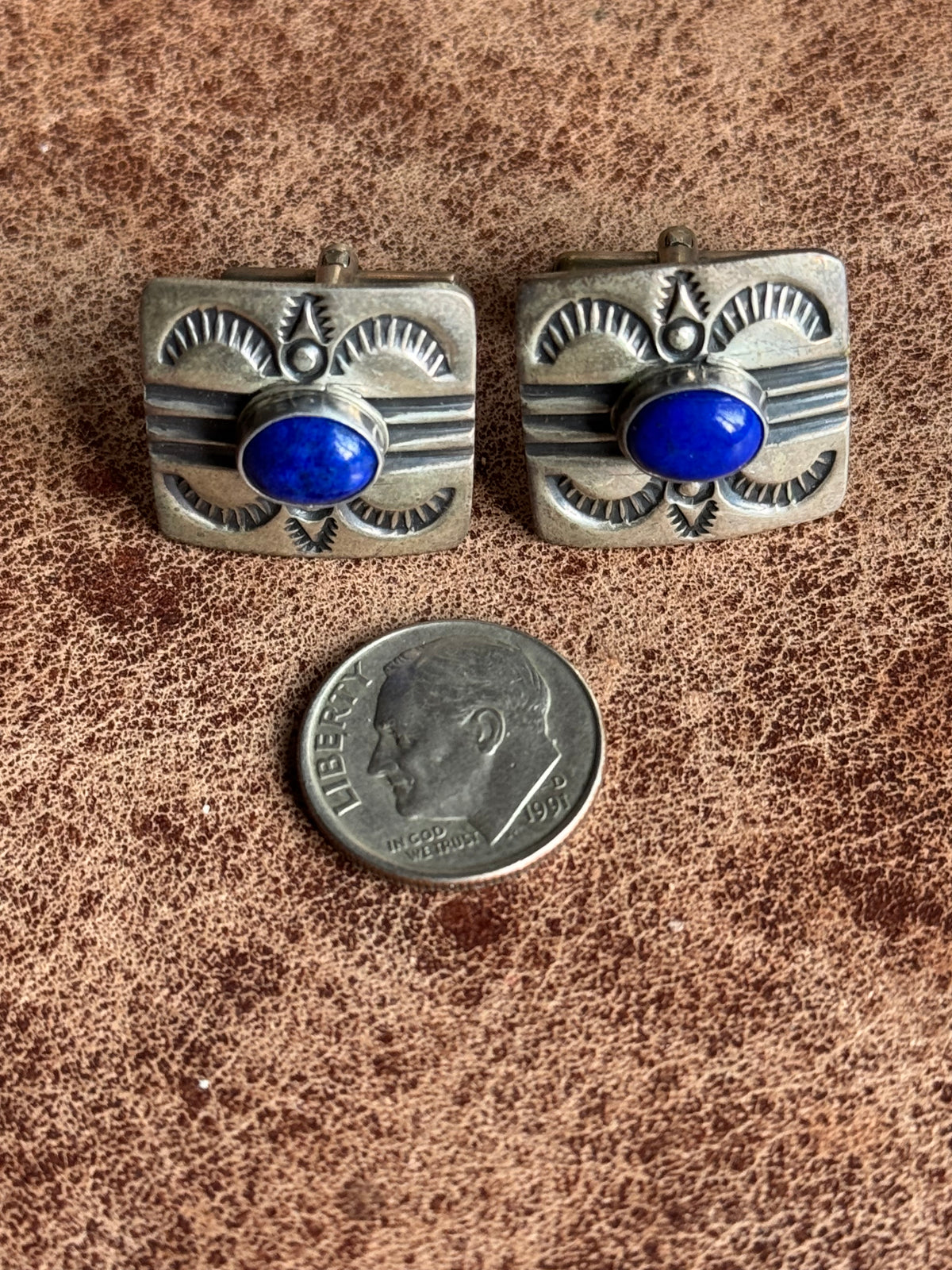 Vintage Sterling Silver Stamped Lapis Square Cufflinks