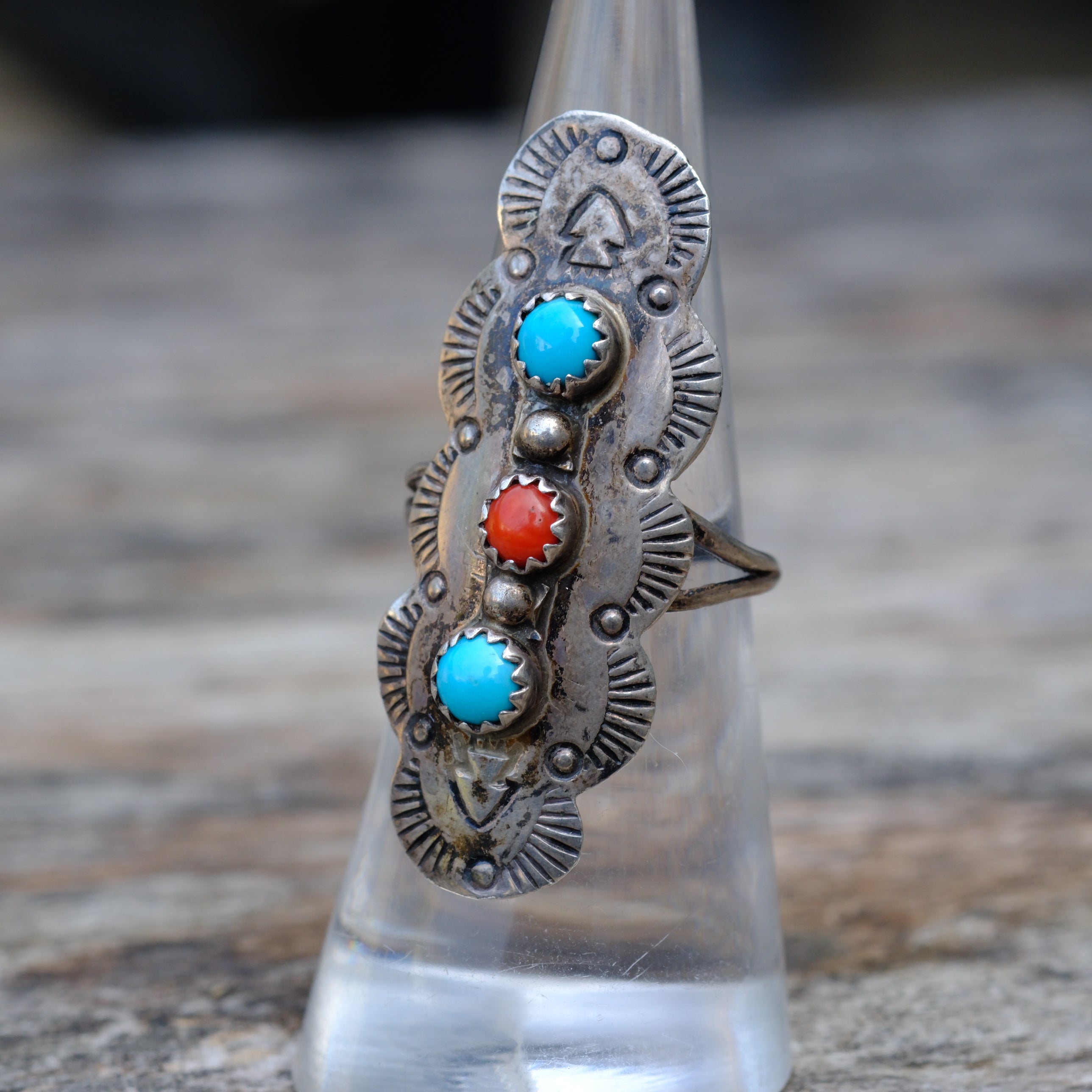 Vintage Sterling Turquoise and Coral Stampe Ring 6.75