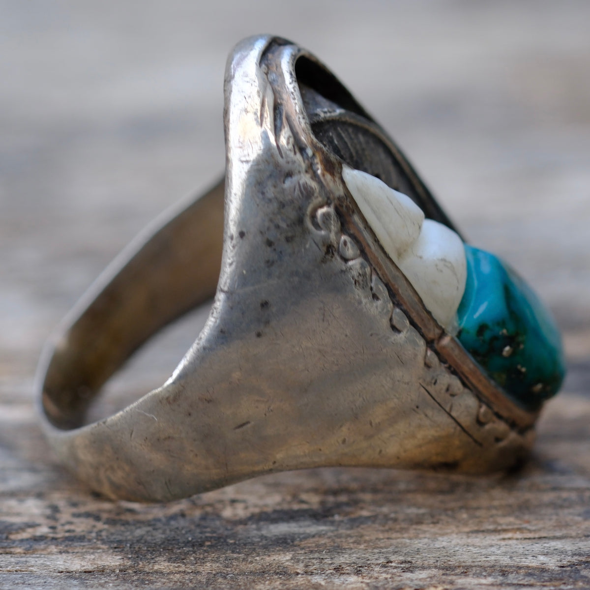 Vintage Sterling Turquoise and Mother Of Pearl Feather Ring 10