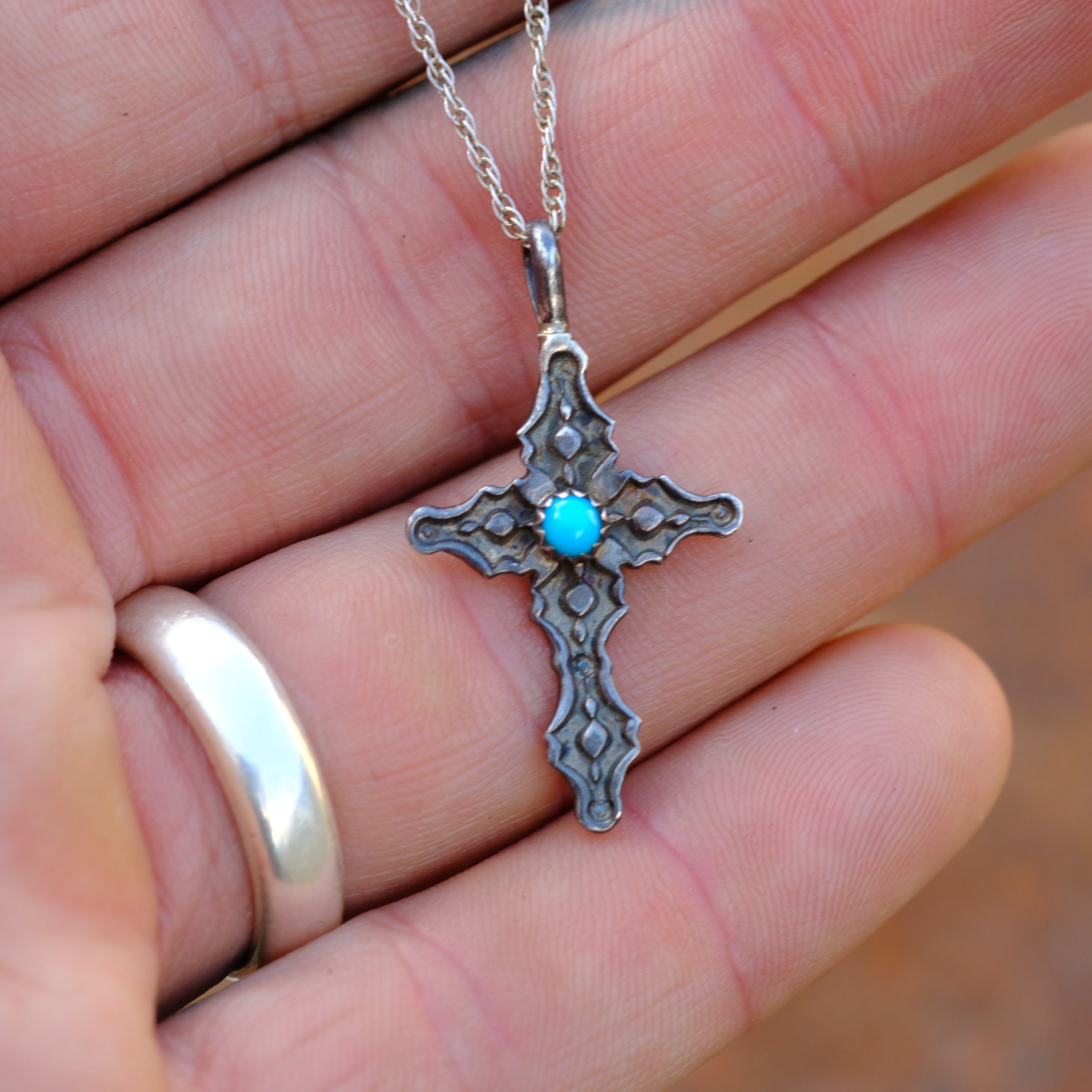 Vintage Sterling Silver Turquoise Stamped Cross Necklace