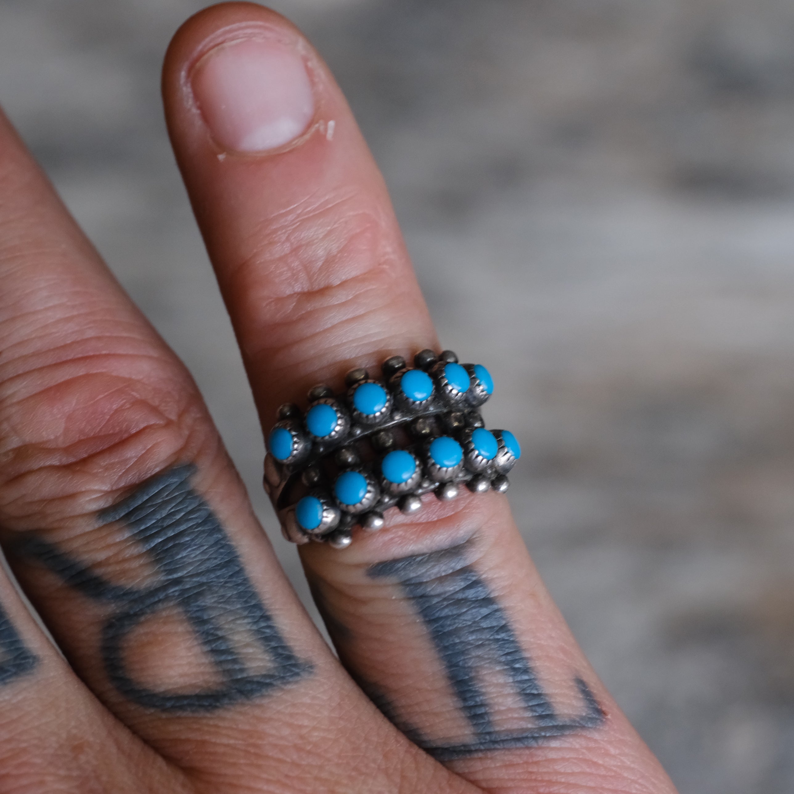 Vintage Sterling Snake Eye Turquoise Double Row Ring 5.5