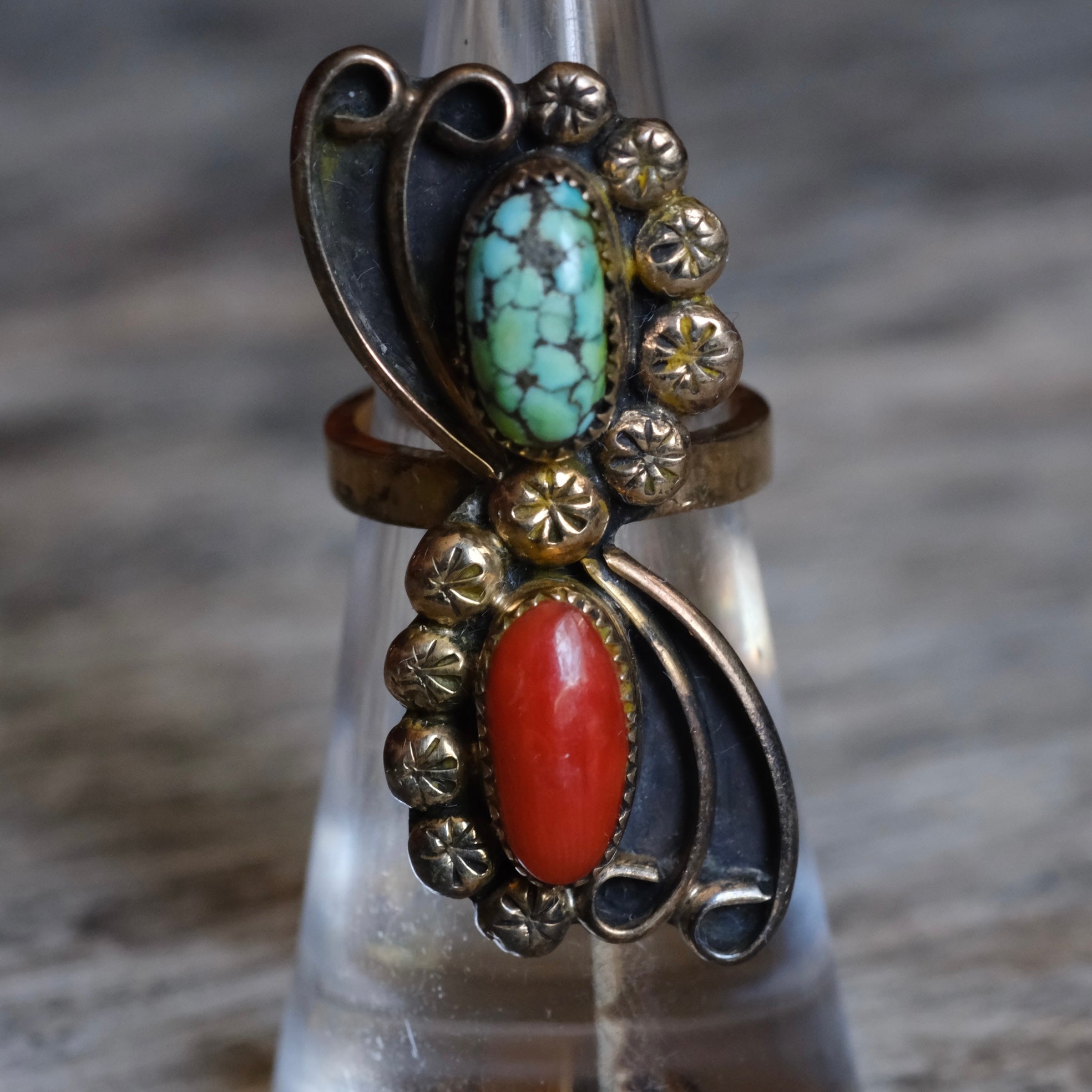 Vintage Gold Wash Sterling Turquoise and Coral Ring 4.75