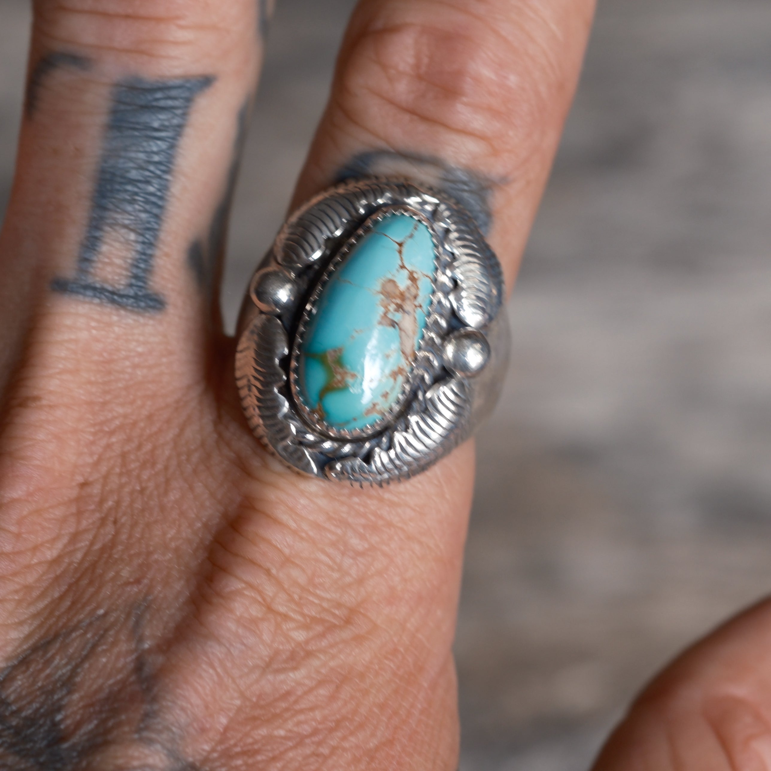 Vintage Sterling Turquoise Feather Ring 11.75