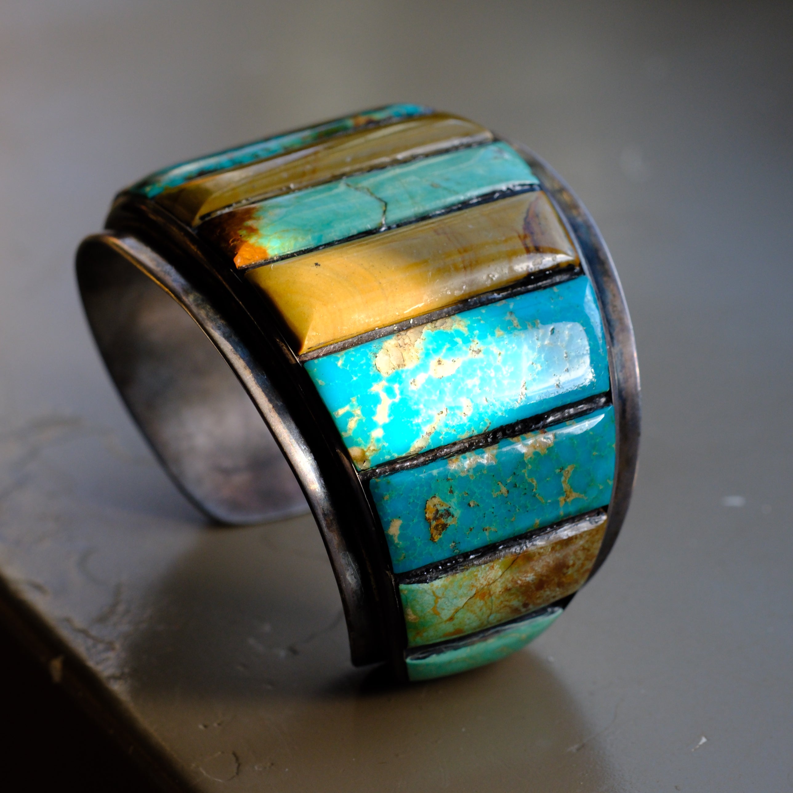MASSIVE Vintage Sterling Jasper And Turquoise Inlay Cuff Bracelet
