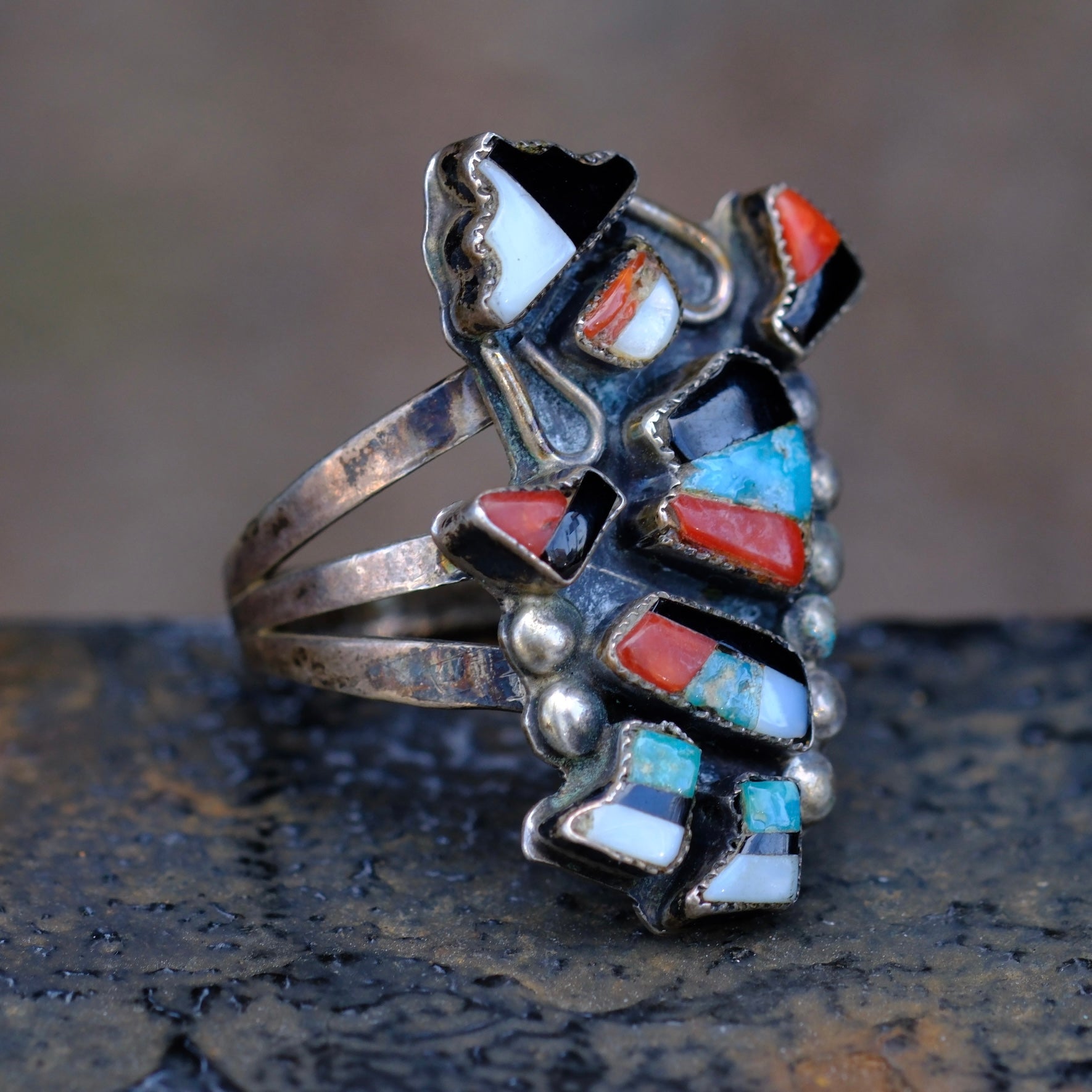 Vintage Sterling Multistone Inlay Kachina Dancer Ring 6.25