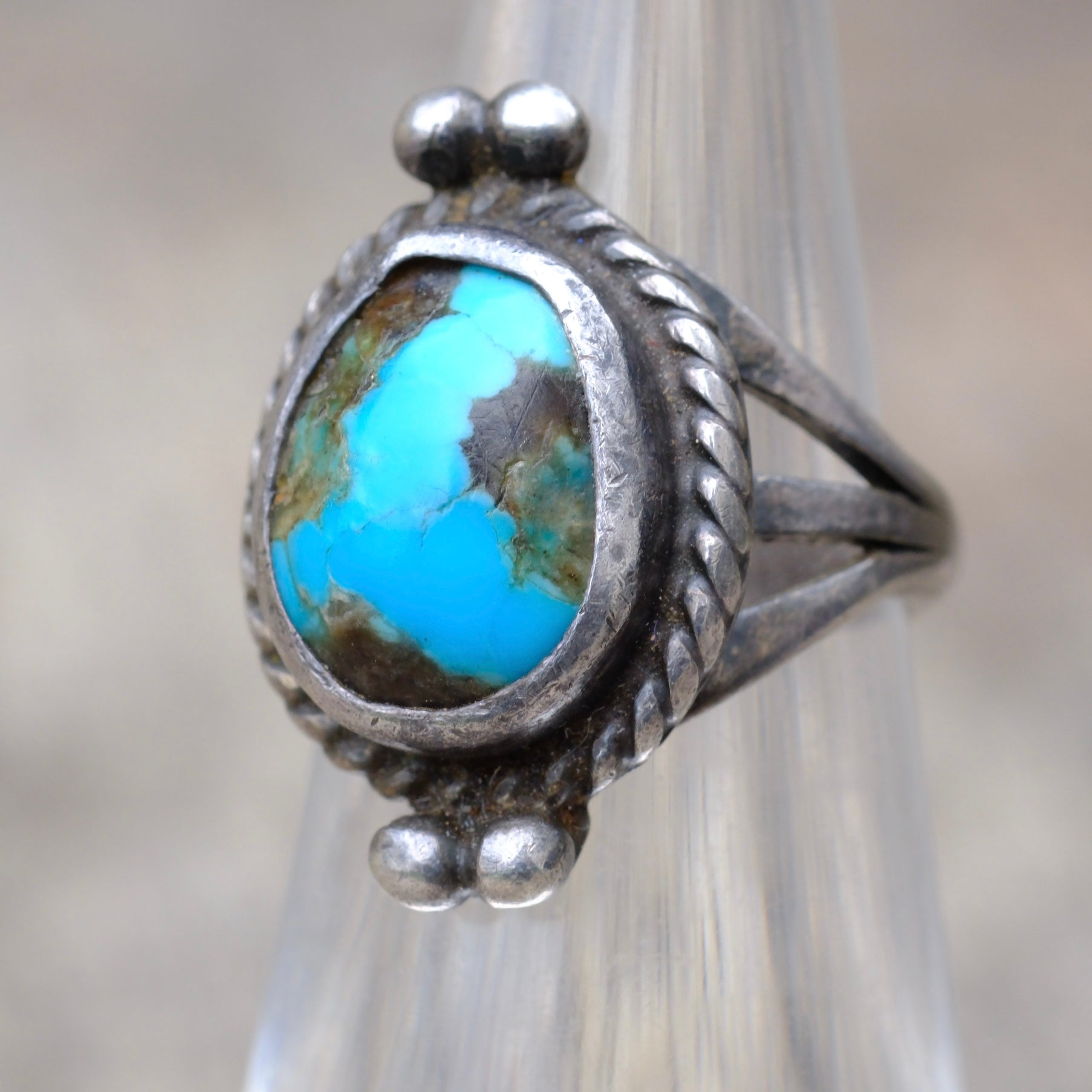 Vintage Sterling Turquoise Roper Ring 3.5