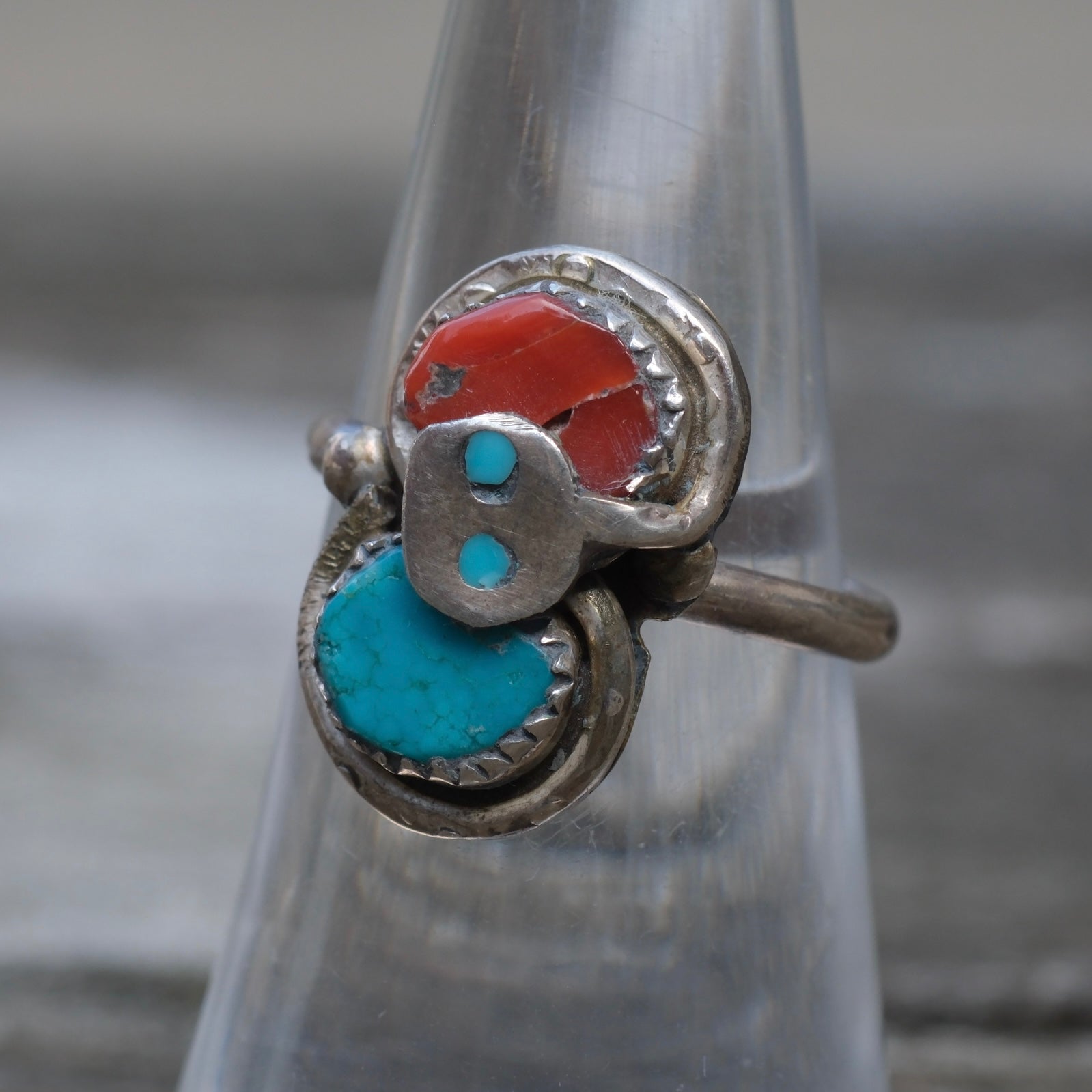 Vintage Sterling Effie Turquoise and Coral Snake Ring 6.75