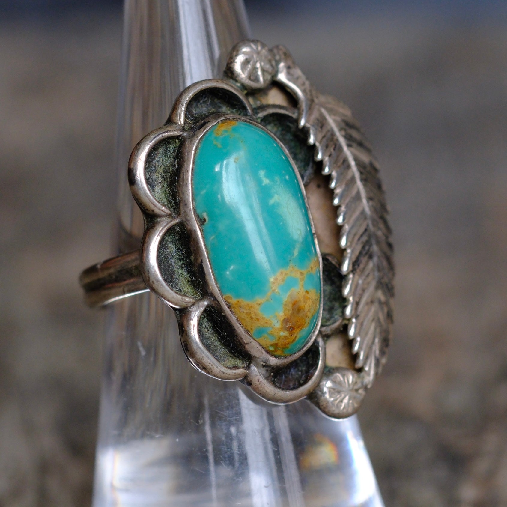 Vintage Sterling Turquoise Feather Ring 6.5