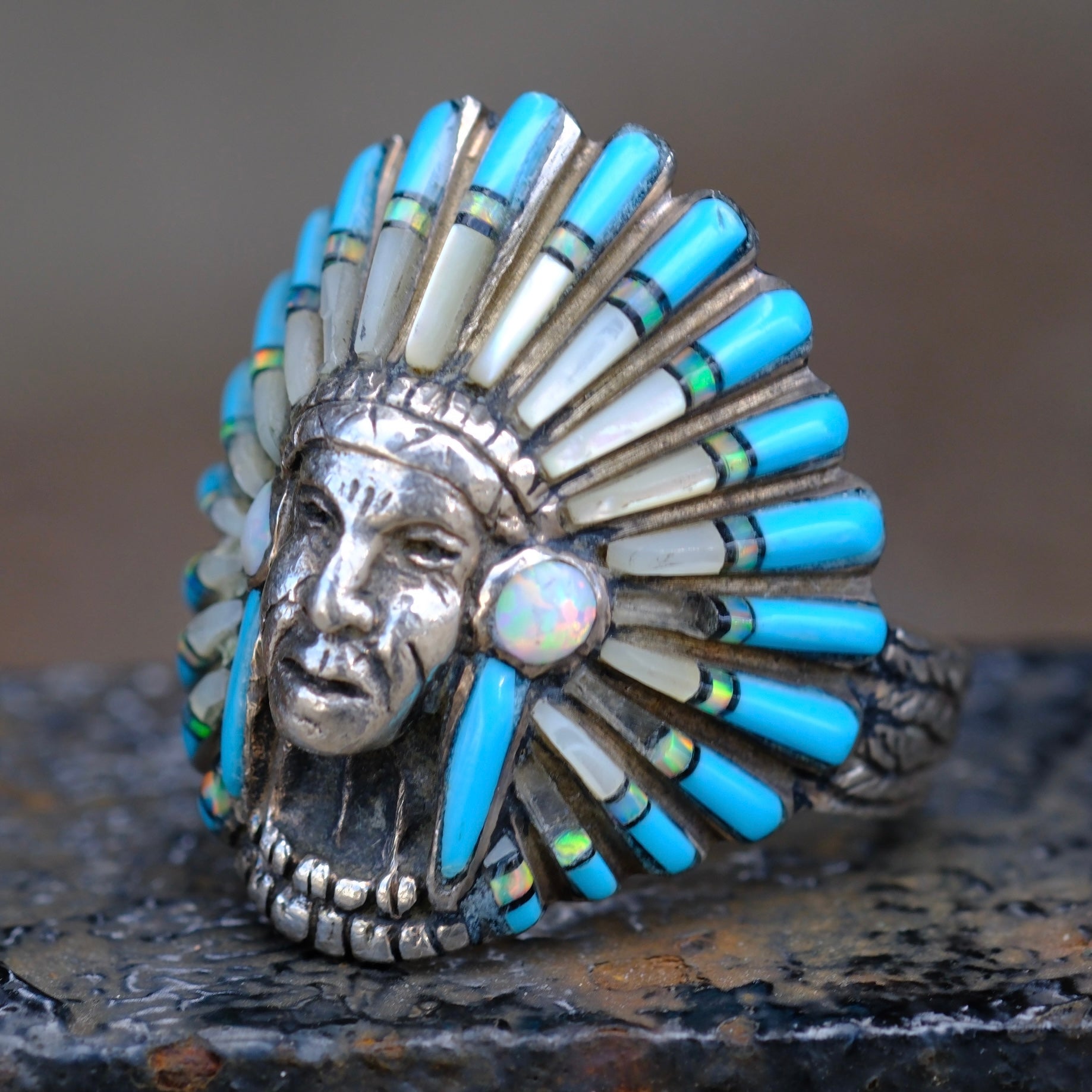 Vintage Sterling Multstone Inlay Big Chief Ring 13