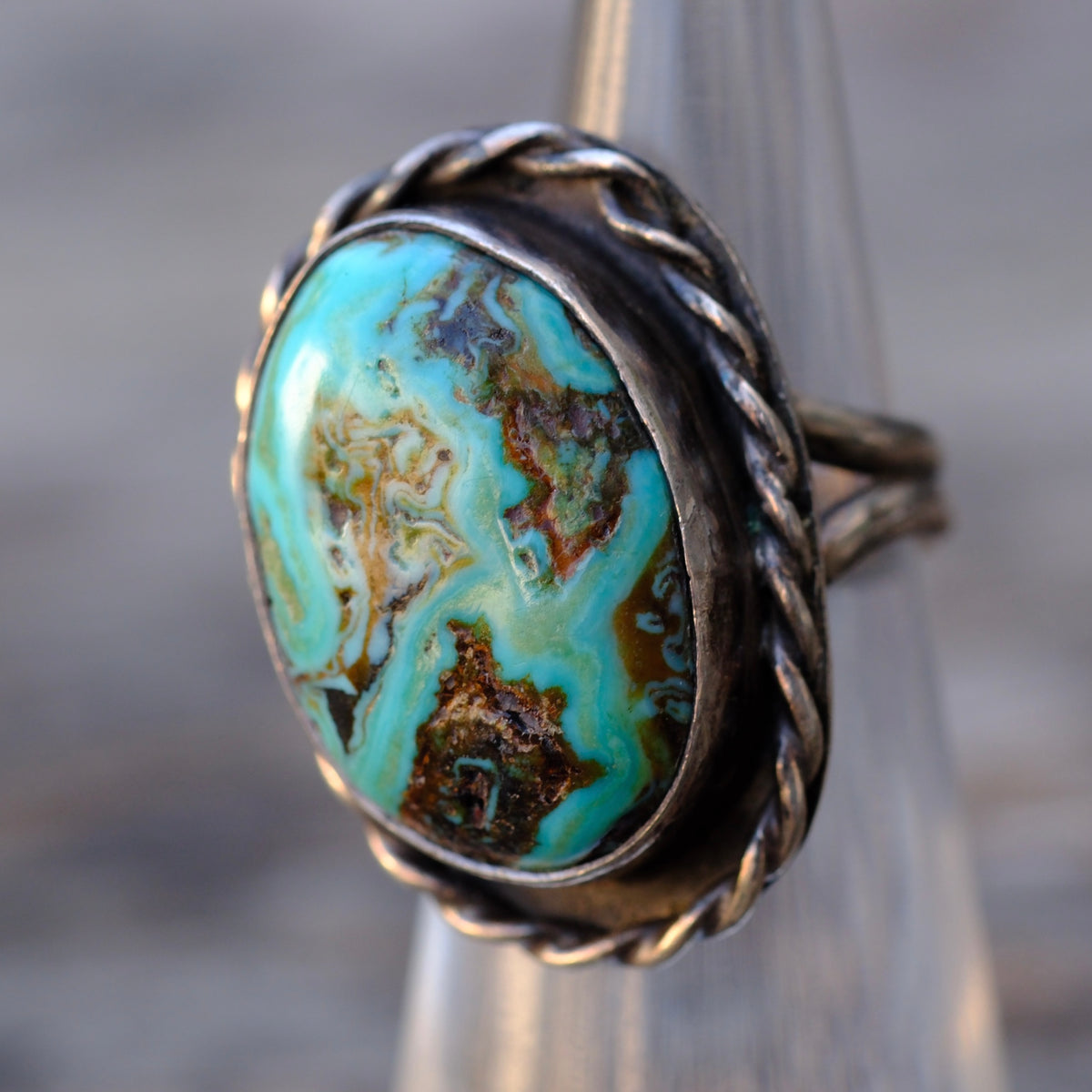 Vintage Sterling Turquoise Roper Ring 5