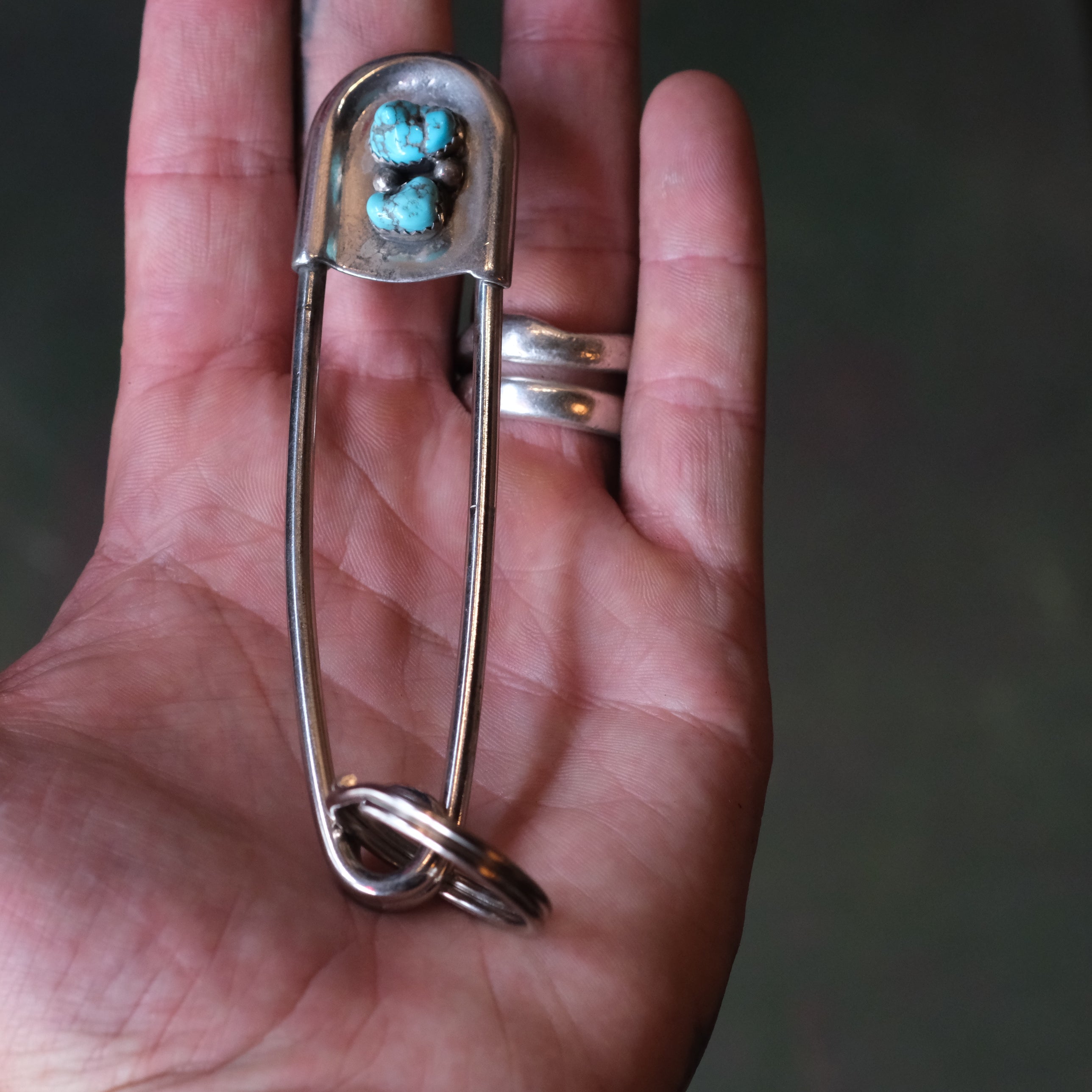 Vintage 2-Stone Turquoise Safety Pin Keychain 3"