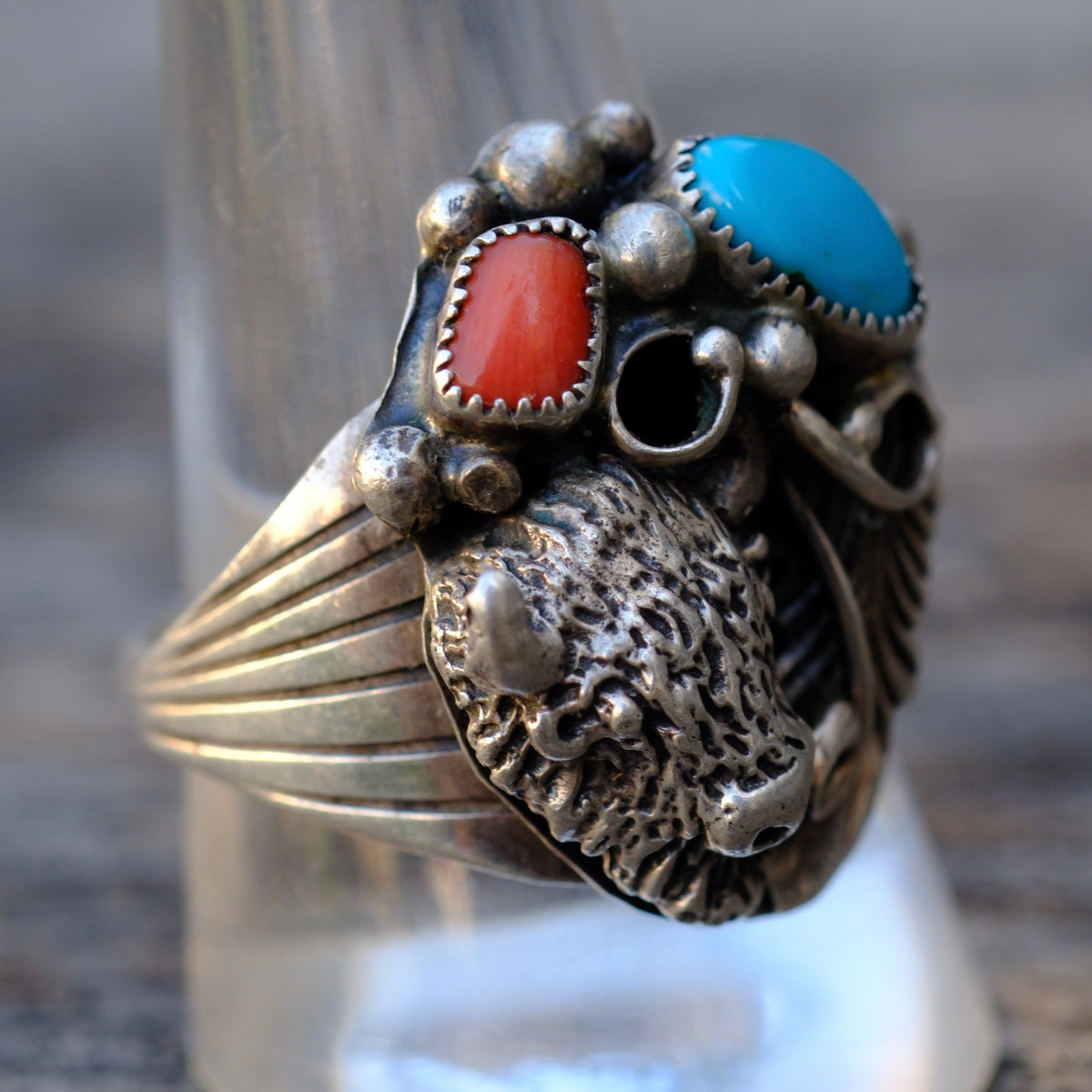 Vintage Sterling Turquoise and Coral Buffalo Ring 11