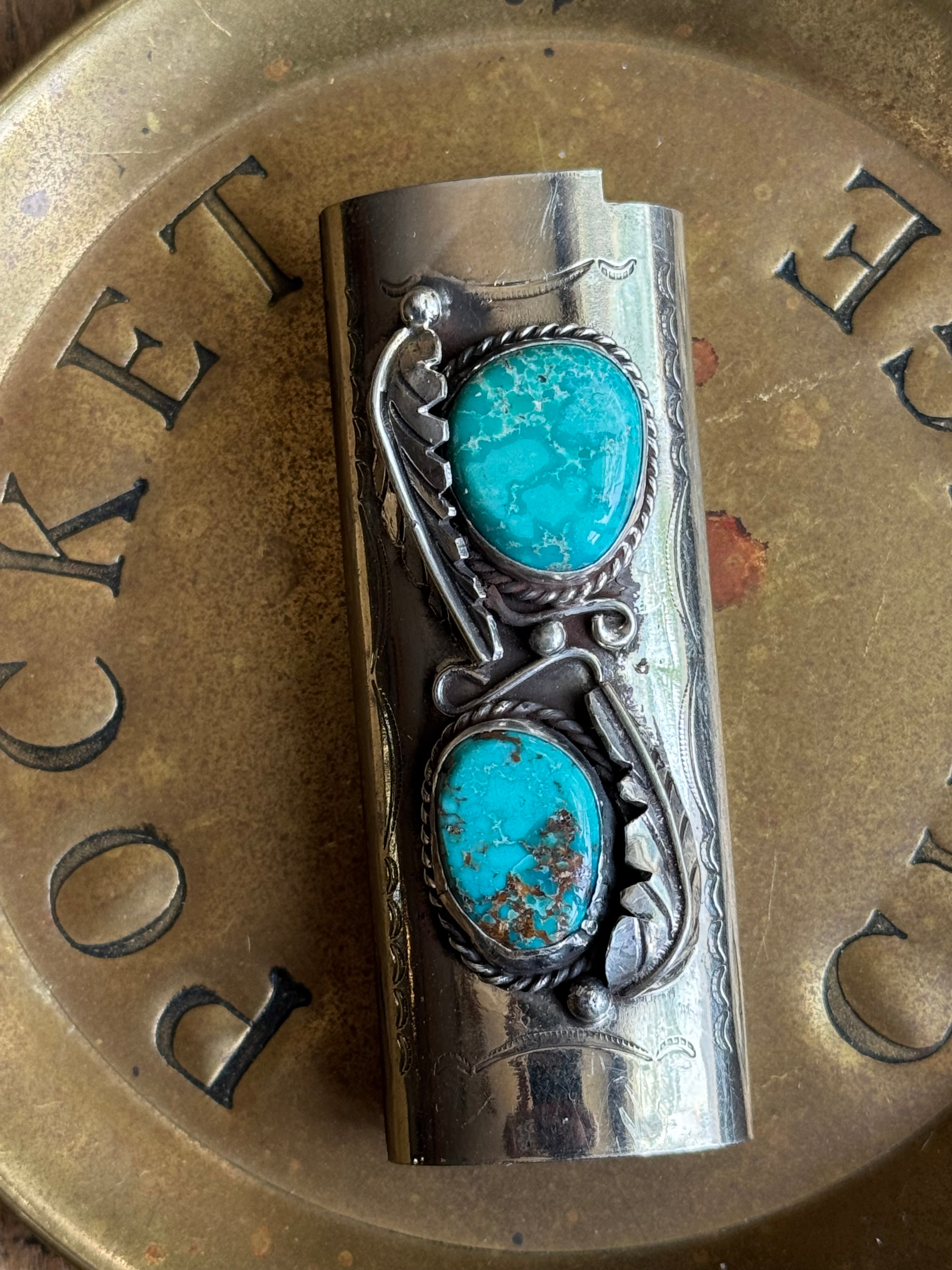 Vintage Stamped Nickel & Sterling Silver Turquoise Lighter Case