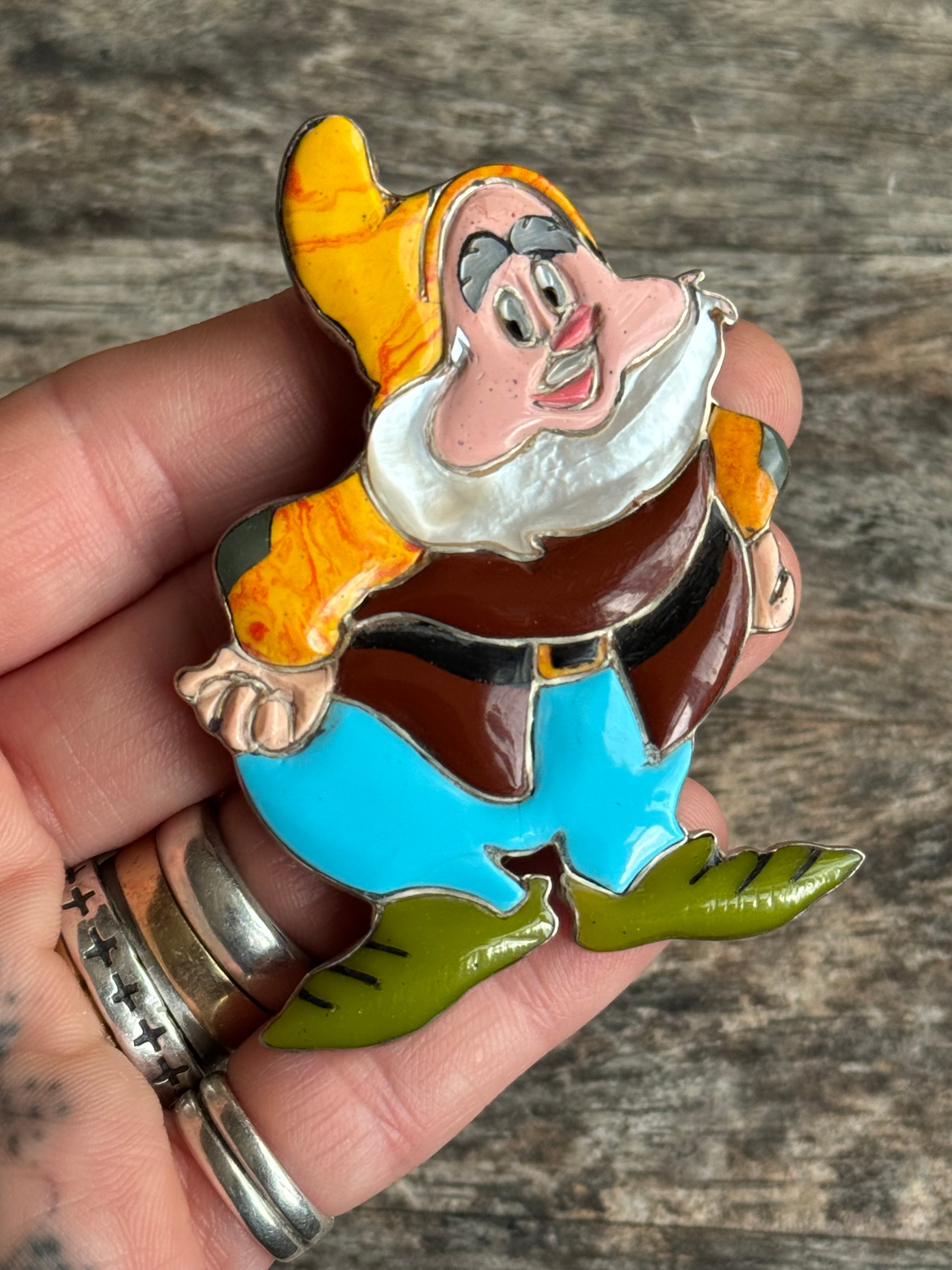 Vintage Sterling Silver Happy the Dwarf Inlay Pin